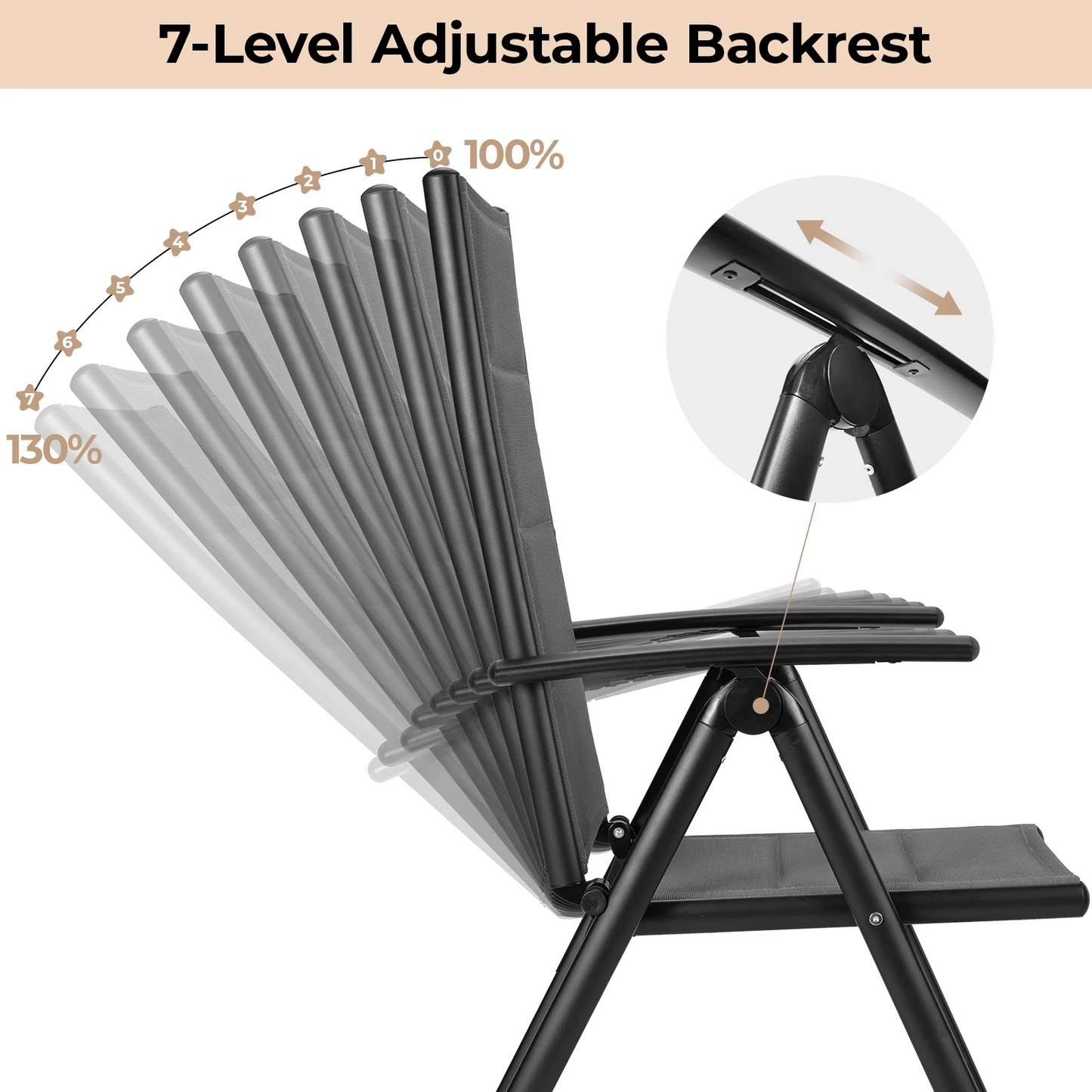 TLGREEN Outdoor Folding Chairs Set (2-Pack) ，Patio Chairs with Foam-Padded Textilene Fabric & Lightweight Aluminum Frame, 7-Position Adjustable Back（Gray)