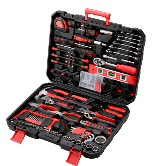198-Piece Portable Tool Box，Comprehensive Hand Tool Set Including Ratchet, Socket Tool Set, Screwdrivers，Perfect for Home and Car Repair (Red)