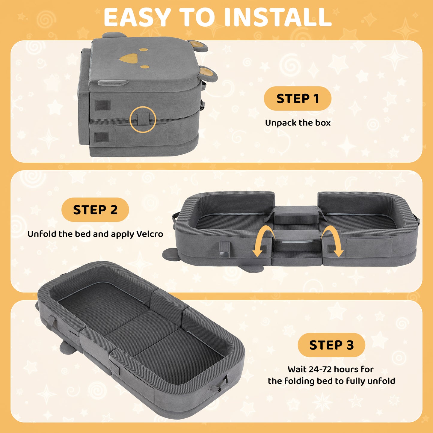 Foldable Toddler Travel Bed, Portable Toddler Floor Bed with Soft Foam for Baby and Kids Aged 1-4,with Washable Cover, Safety Rail, for Home,Hotel,Family Visits,Camping, Grey