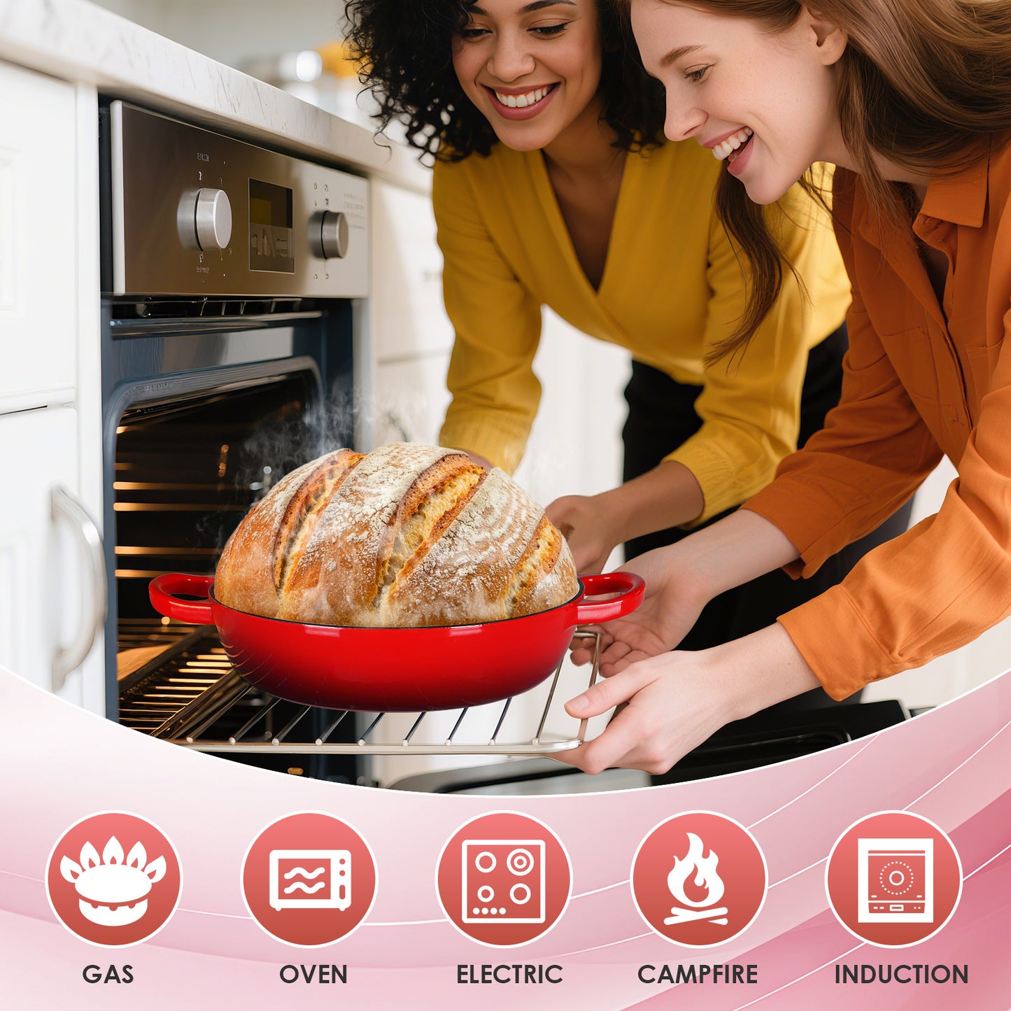 TLGREEN 6qt Enameled Cast Iron Dutch Oven for Bread Baking, Non-Stick Dome-Shaped Bread Oven Pot with Lid, Silicone Handles and Scraper, Red