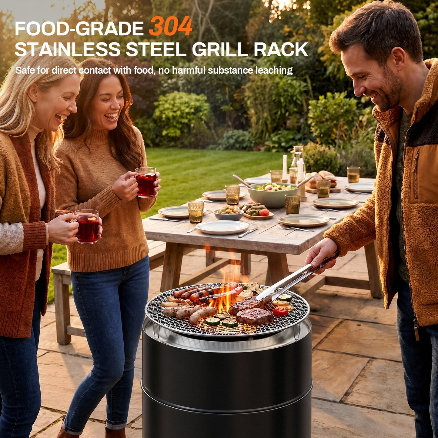 TLGREEN 19.3" Smokeless Stainless Steel Outdoor Fire Pit with Grill & Legs, Portable Fire Pit with Carrying Bag & Fire Poker, for Camping, Patio & Backyard, Wood Burning, Ideal for 3–5 People