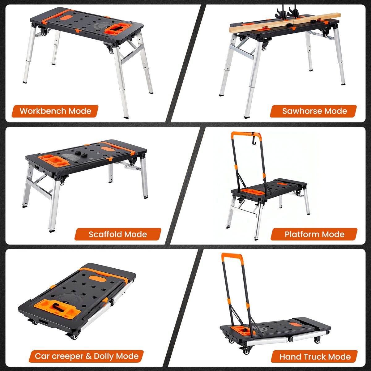 TLGREEN 7-in-1 Multifunctional Portable Workbench with Wheels. Folding Work Table Converts to Sawhorse, Scaffold, Creeper, Dolly and Hand Truck; Mobile Setup for Garage Projects, DIY