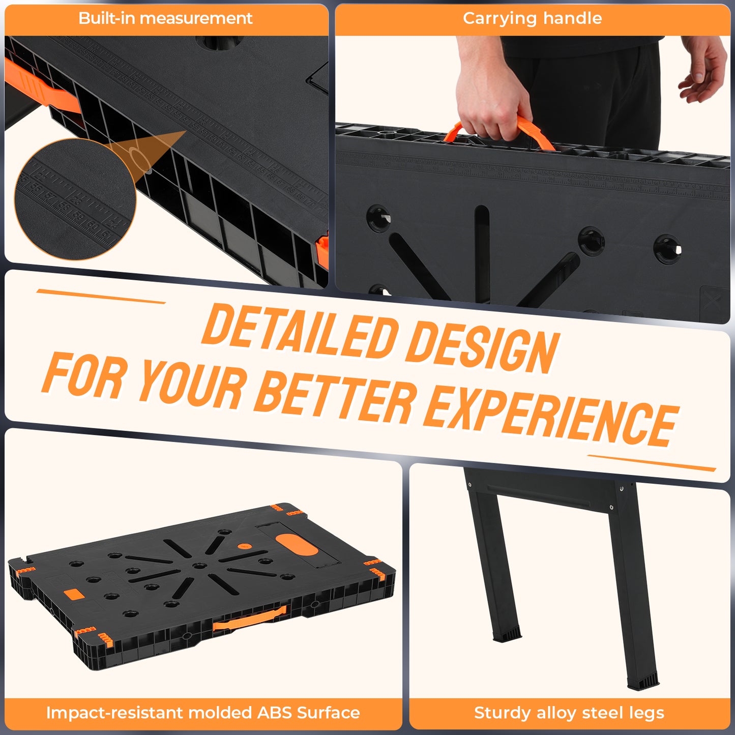 TLGREEN Folding Work Table, Express Portable Work Bench, 33.9" W x 22.4" D x 31.5" H Lightweight Workbench with 2 Clamps, 2 Clamp Dogs, Power Strip, for Garage,Table Saw,Home,DIY Projects,330lbs