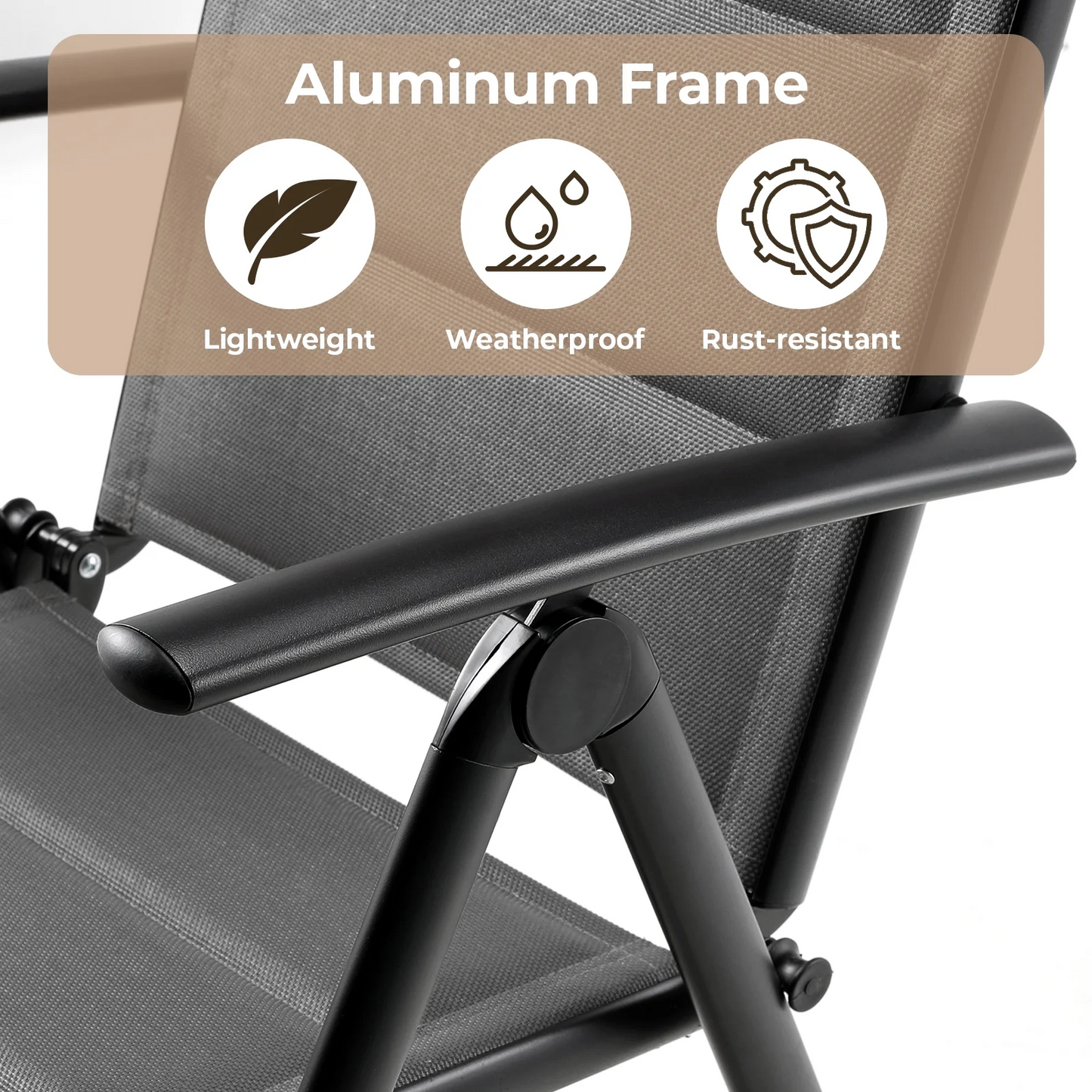 TLGREEN Outdoor Folding Chairs Set (2-Pack) ，Patio Chairs with Foam-Padded Textilene Fabric & Lightweight Aluminum Frame, 7-Position Adjustable Back（Gray)