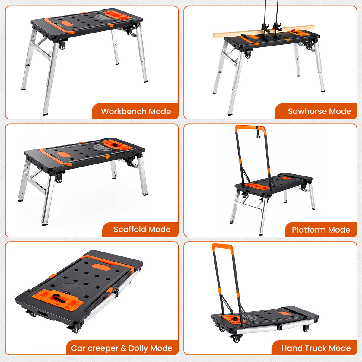 TLGREEN 7-in-1 Multifunctional Folding Work Table, Portable Adjustable Workbench for Garage/Home, as Sawhorse, Scaffold, Platform, Car Creeper, Hand Truck with Wheels