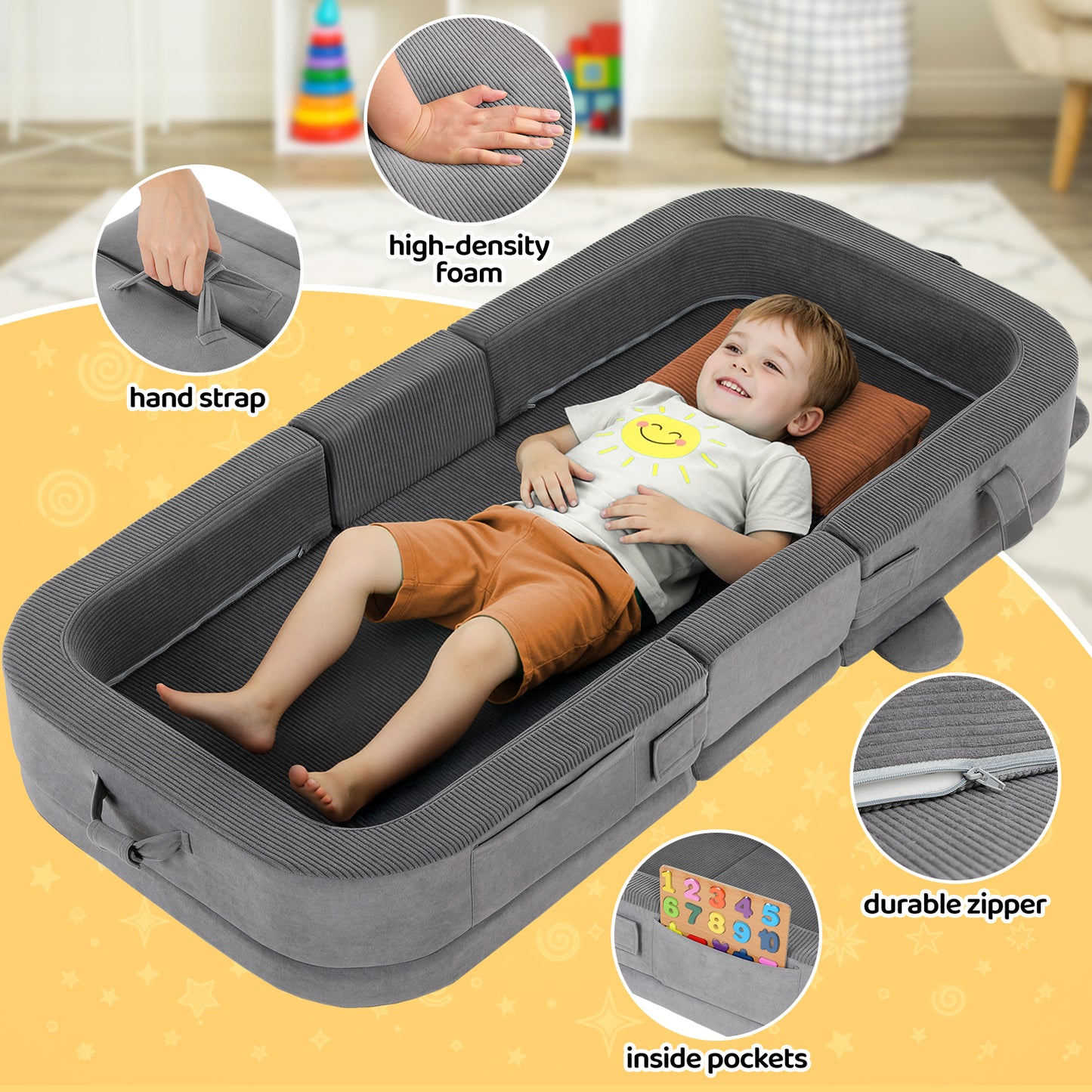 Foldable Toddler Travel Bed, Portable Toddler Floor Bed with Soft Foam for Baby and Kids Aged 1-4,with Washable Cover, Safety Rail, for Home,Hotel,Family Visits,Camping, Grey