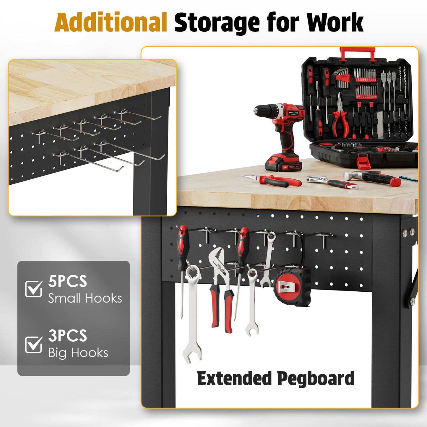 TLGREEN 48" x 20" Heavy Duty Workbench, 2000 LBS Capacity, 31.5-39.5 in Adjustable Work Bench with Power Outlet & Pegboard for Garage