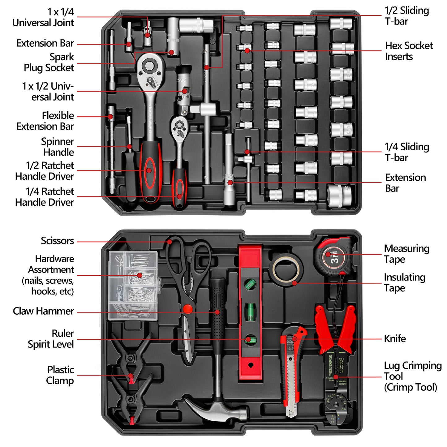 799pcs Mechanic Tool Set with Aluminum Trolley Case, Industrial Hand Tool Set，Tool Box Kit for Home, Dorm,Garage, and Automotive, Complete Tool Set,with 2 Gloves, 500 Plastic Ribbons