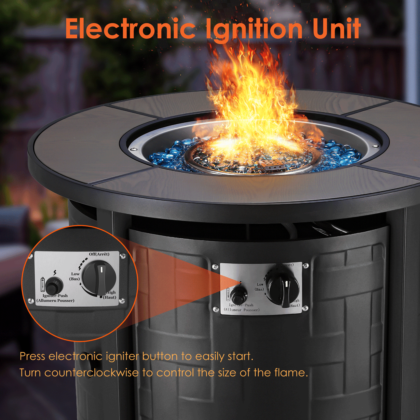 TLGREEN 30" Propane Fire Pit Table with Lid and Blue Stone, 50,000 BTU Auto-Ignition Circular Gas Fire Pit for Outdoor, with CSA Certified