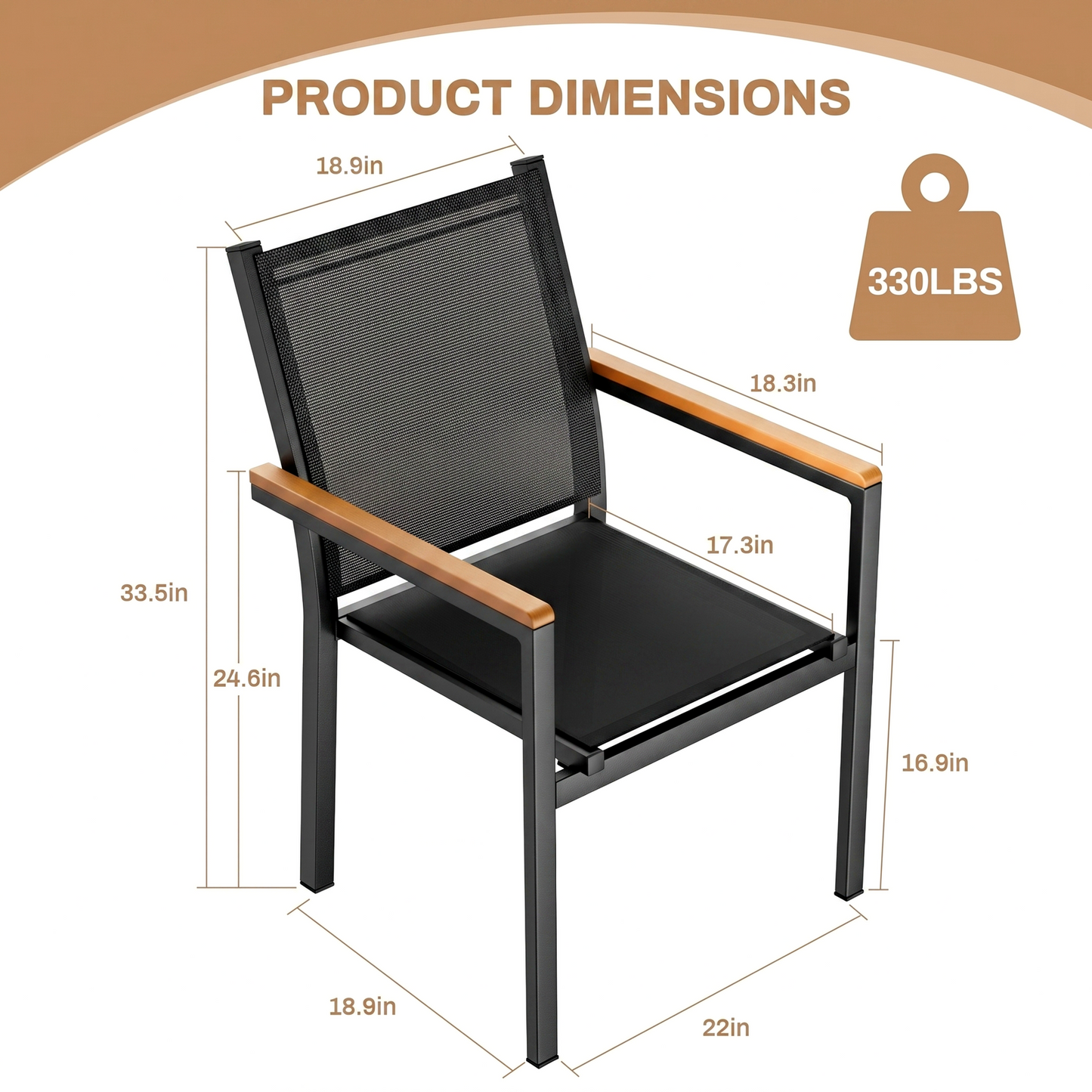 TLGREEN Patio Dining Chairs Set of 2, Stackable Aluminum Chair with Textilene Fabric & WPC Handrail, All Weather Outdoor Chair for Balcony, Poolside, Terrace & Restaurants, Black