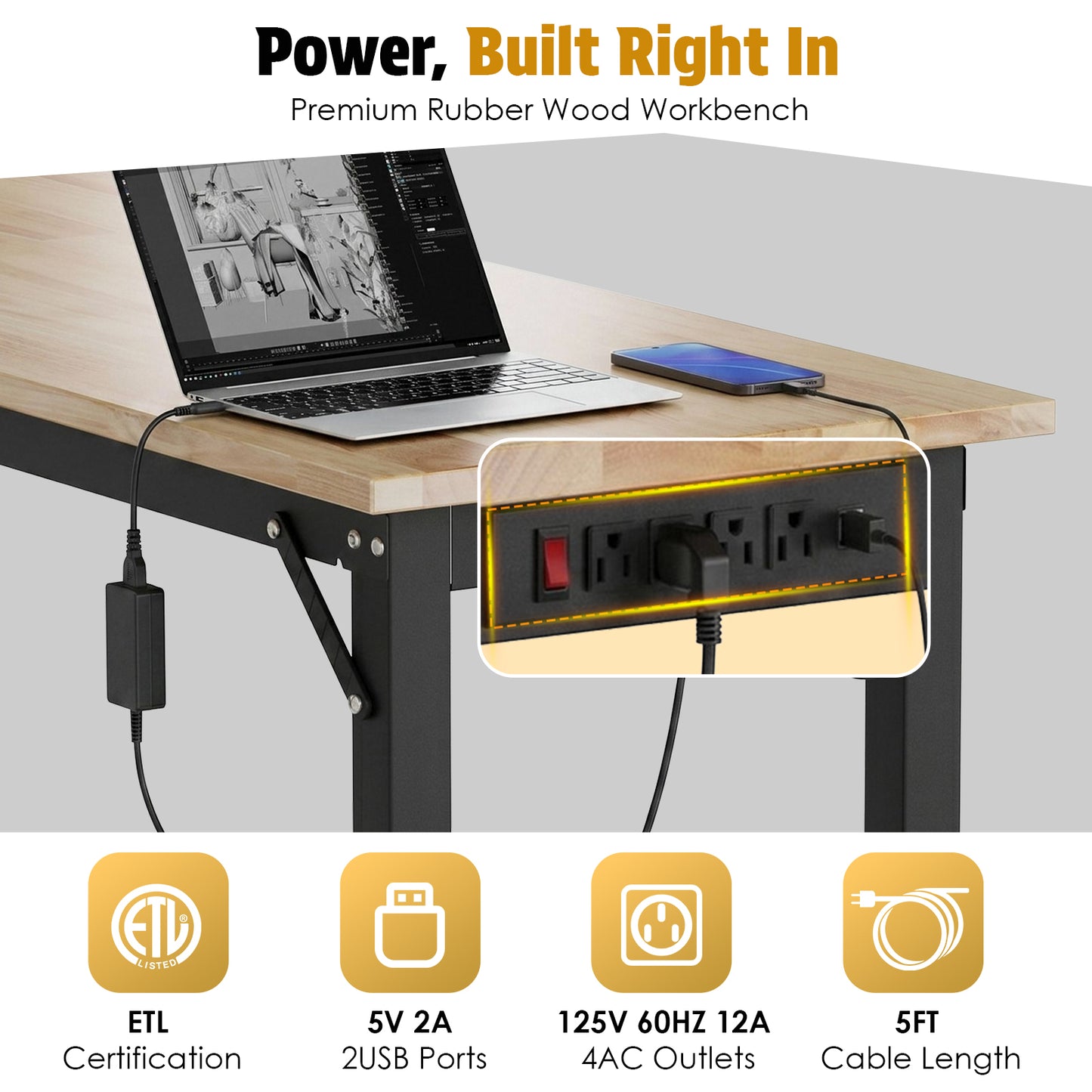 TLGREEN 48" x 20" Heavy Duty Workbench, 2000 LBS Capacity, 31.5-39.5 in Adjustable Work Bench with Power Outlet & Pegboard for Garage