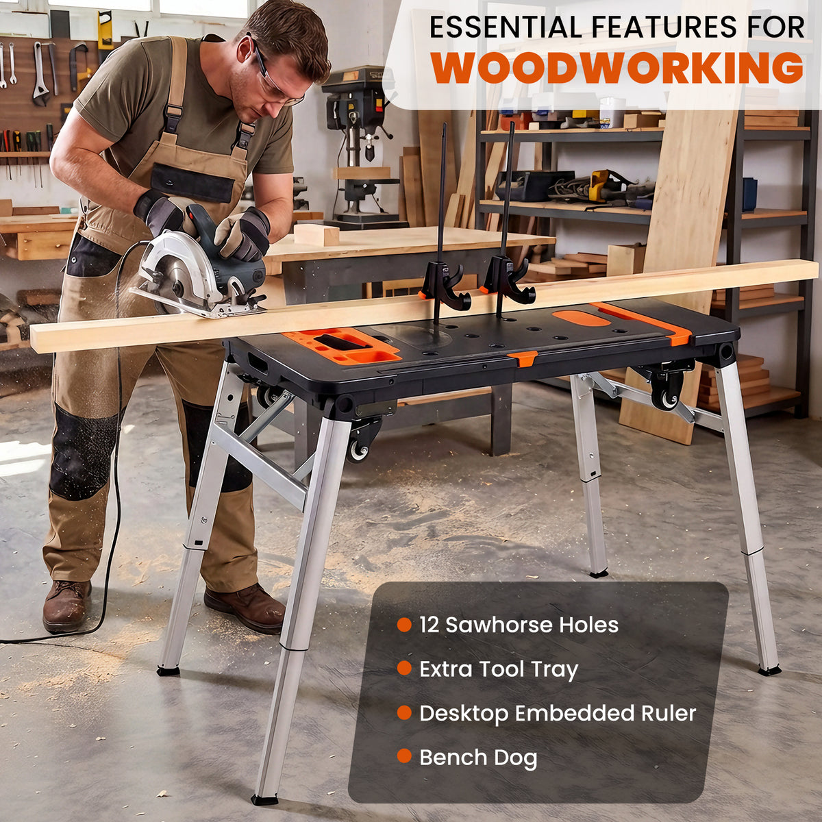 TLGREEN 7-in-1 Multifunctional Portable Workbench with Wheels. Folding Work Table Converts to Sawhorse, Scaffold, Creeper, Dolly and Hand Truck; Mobile Setup for Garage Projects, DIY