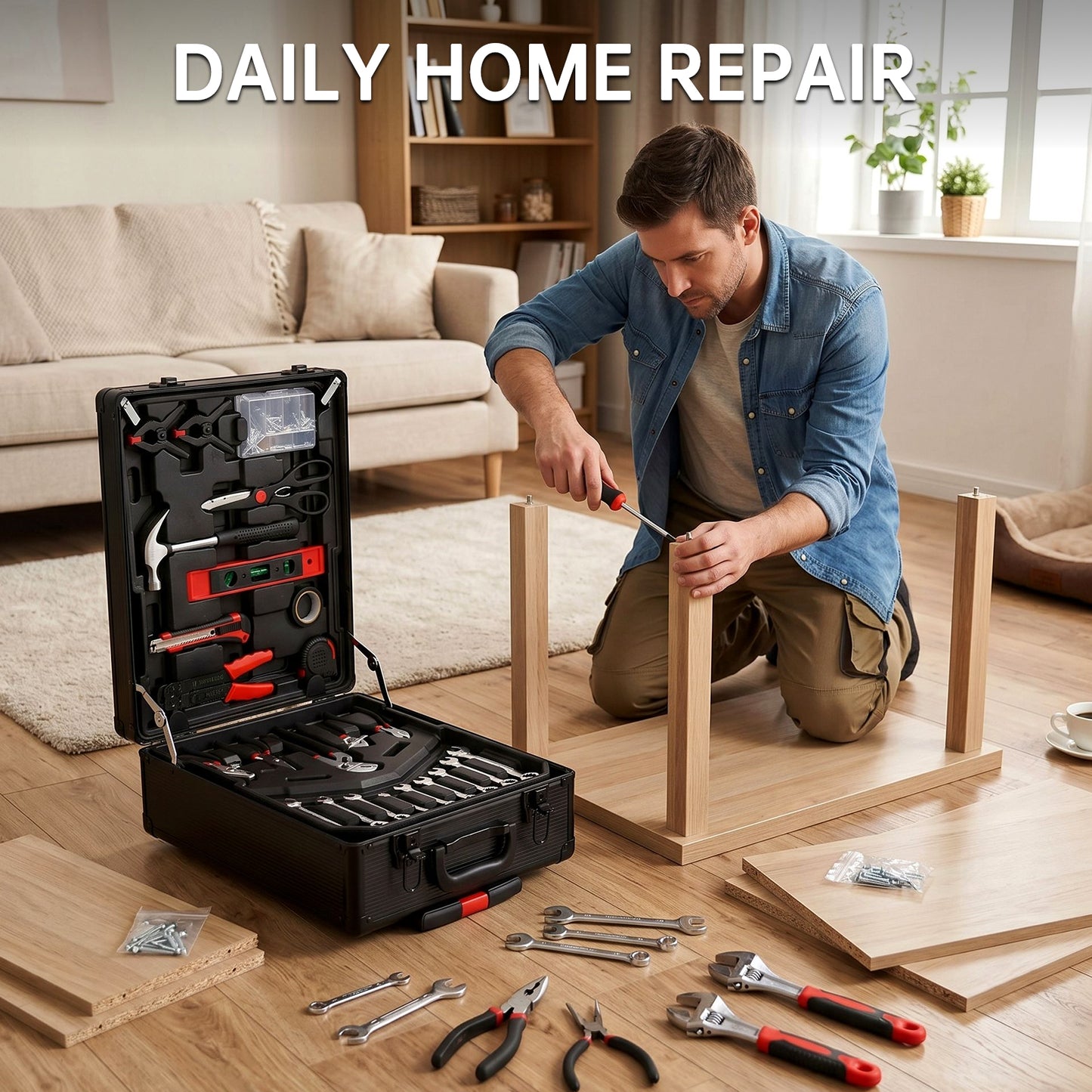 799pcs Mechanic Tool Set with Aluminum Trolley Case, Industrial Hand Tool Set，Tool Box Kit for Home, Dorm,Garage, and Automotive, Complete Tool Set,with 2 Gloves, 500 Plastic Ribbons