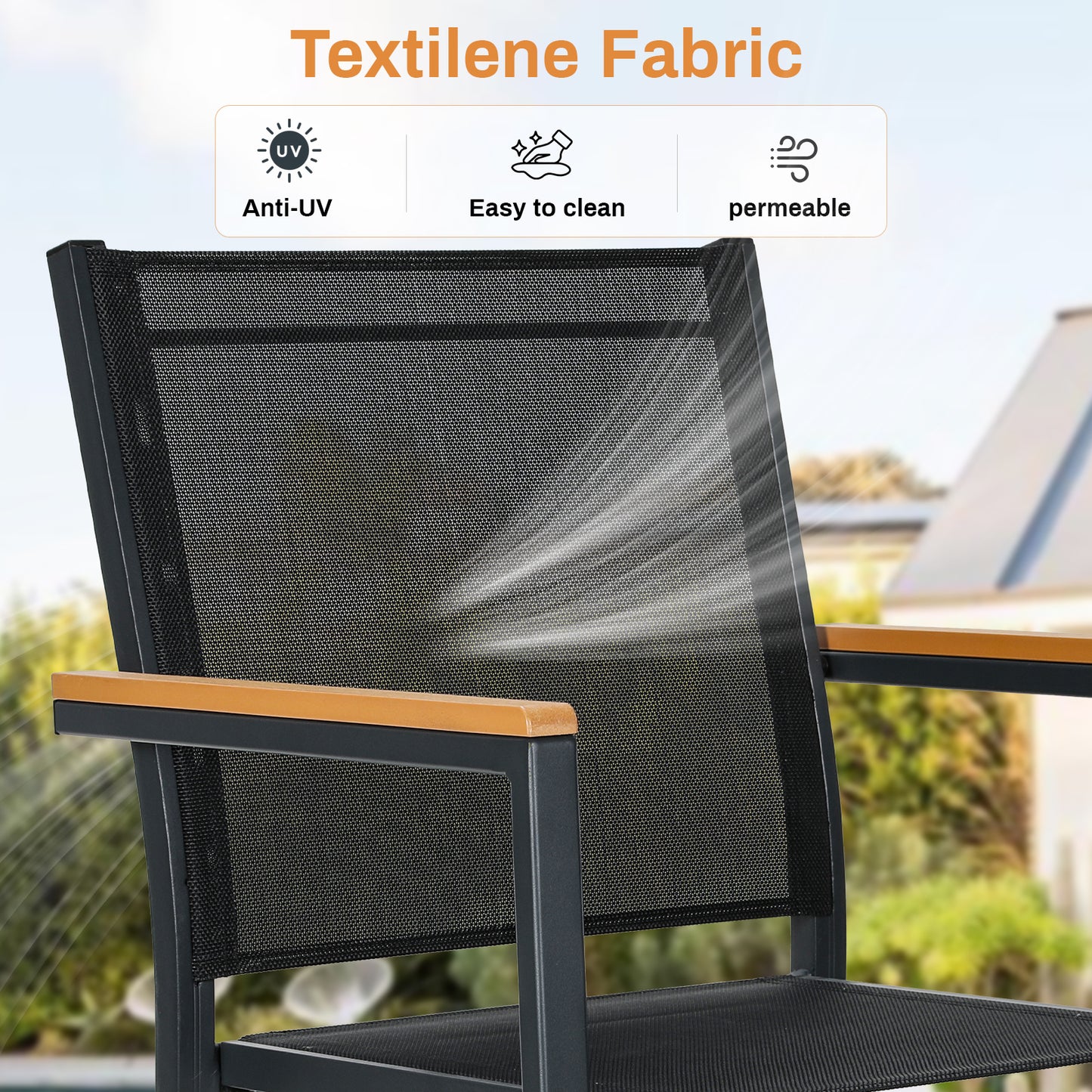 TLGREEN Patio Dining Chairs Set of 2, Stackable Aluminum Chair with Textilene Fabric & WPC Handrail, All Weather Outdoor Chair for Balcony, Poolside, Terrace & Restaurants, Black