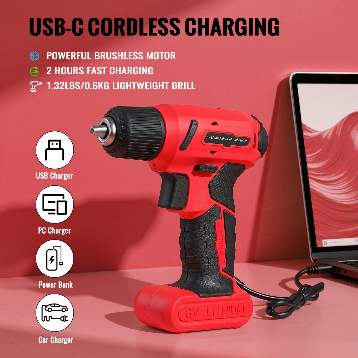 TLGREEN 101 Pcs 8V Cordless Drill and Tool Set, USB-C Rechargeable Power Tool Kit with Brushless Motor & Fast Charge, Lightweight Home Tool Kit for DIY, Repair, and Maintenance