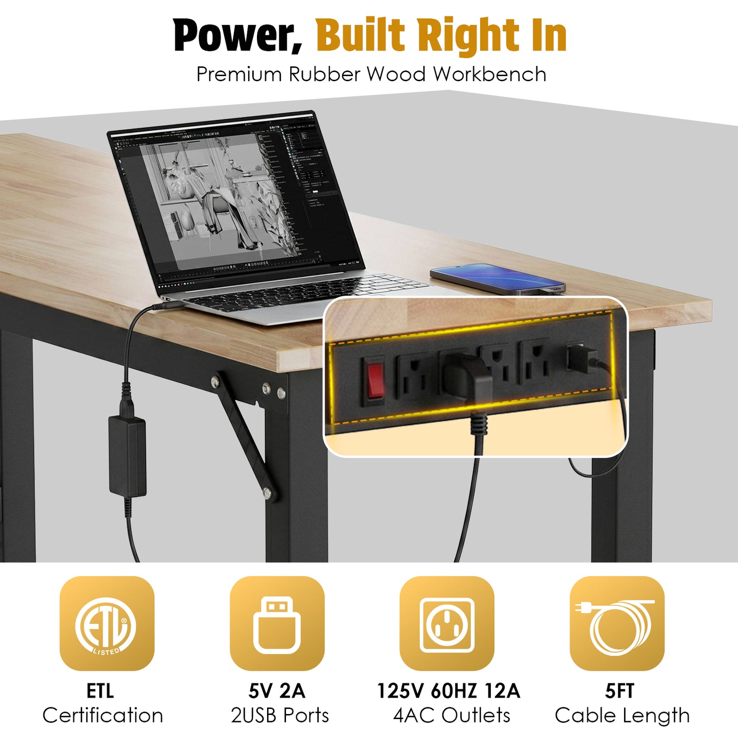 TLGREEN 60" x 22" Heavy Duty Workbench, 2000 LBS Capacity, 31.5-39.5 in Adjustable Work Bench with Power Outlet & Pegboard for Garage