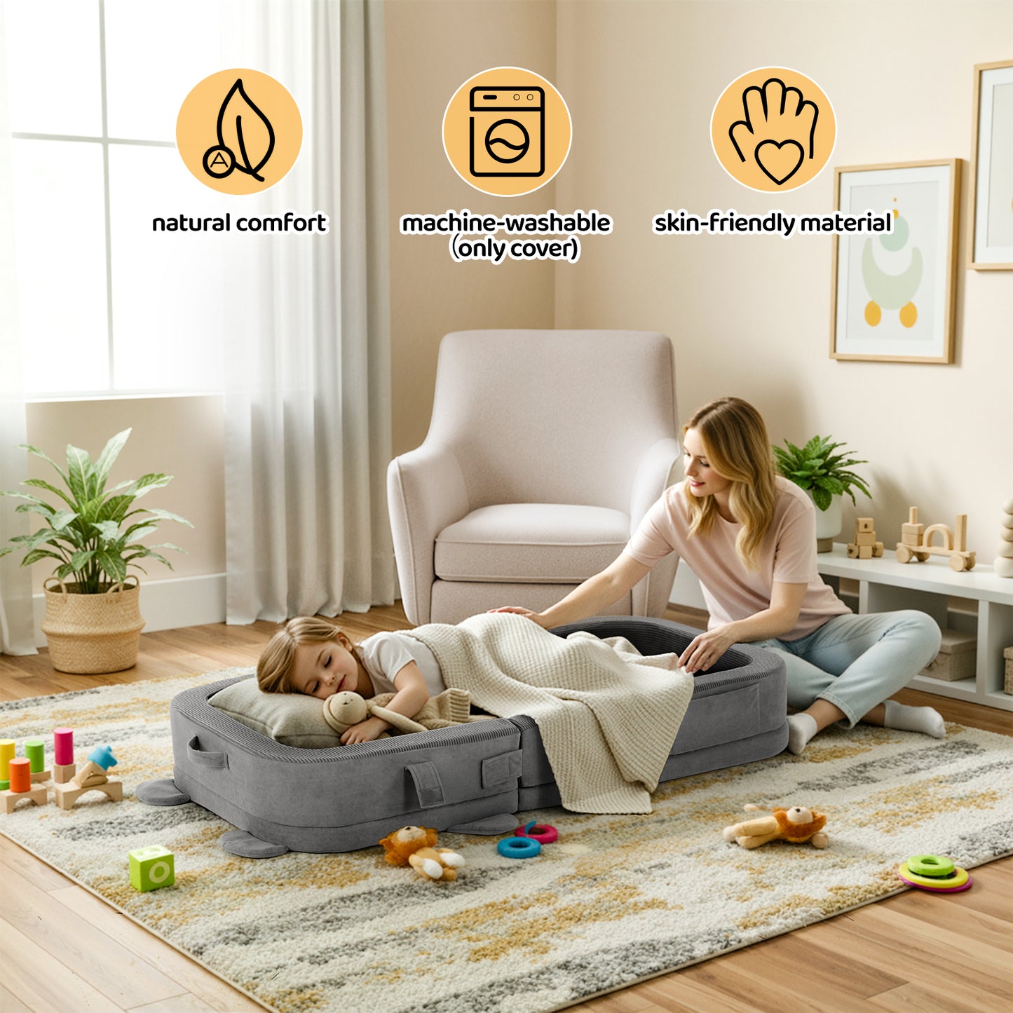 Foldable Toddler Travel Bed, Portable Toddler Floor Bed with Soft Foam for Baby and Kids Aged 1-4,with Washable Cover, Safety Rail, for Home,Hotel,Family Visits,Camping, Grey