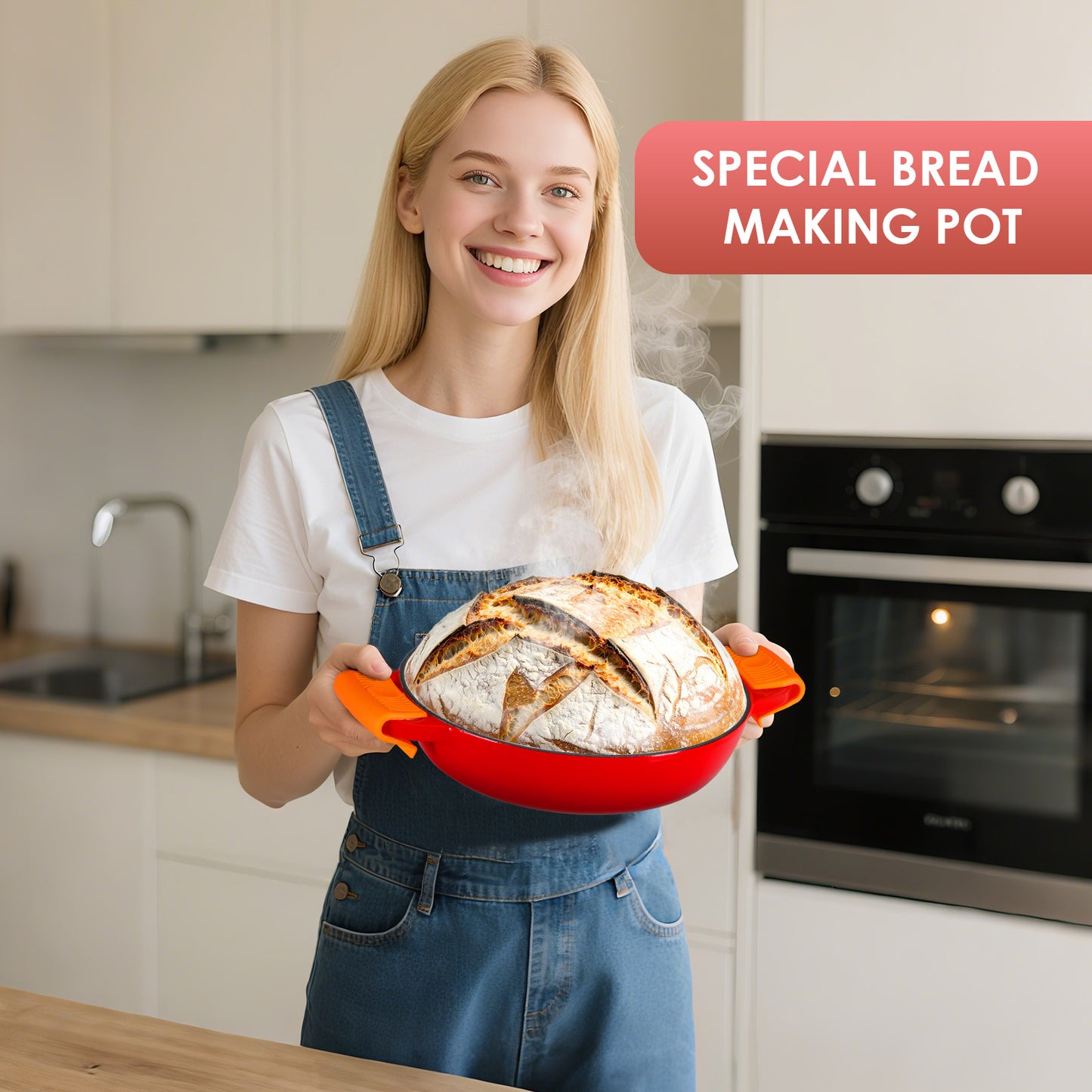 TLGREEN 6qt Enameled Cast Iron Dutch Oven for Bread Baking, Non-Stick Dome-Shaped Bread Oven Pot with Lid, Silicone Handles and Scraper, Red