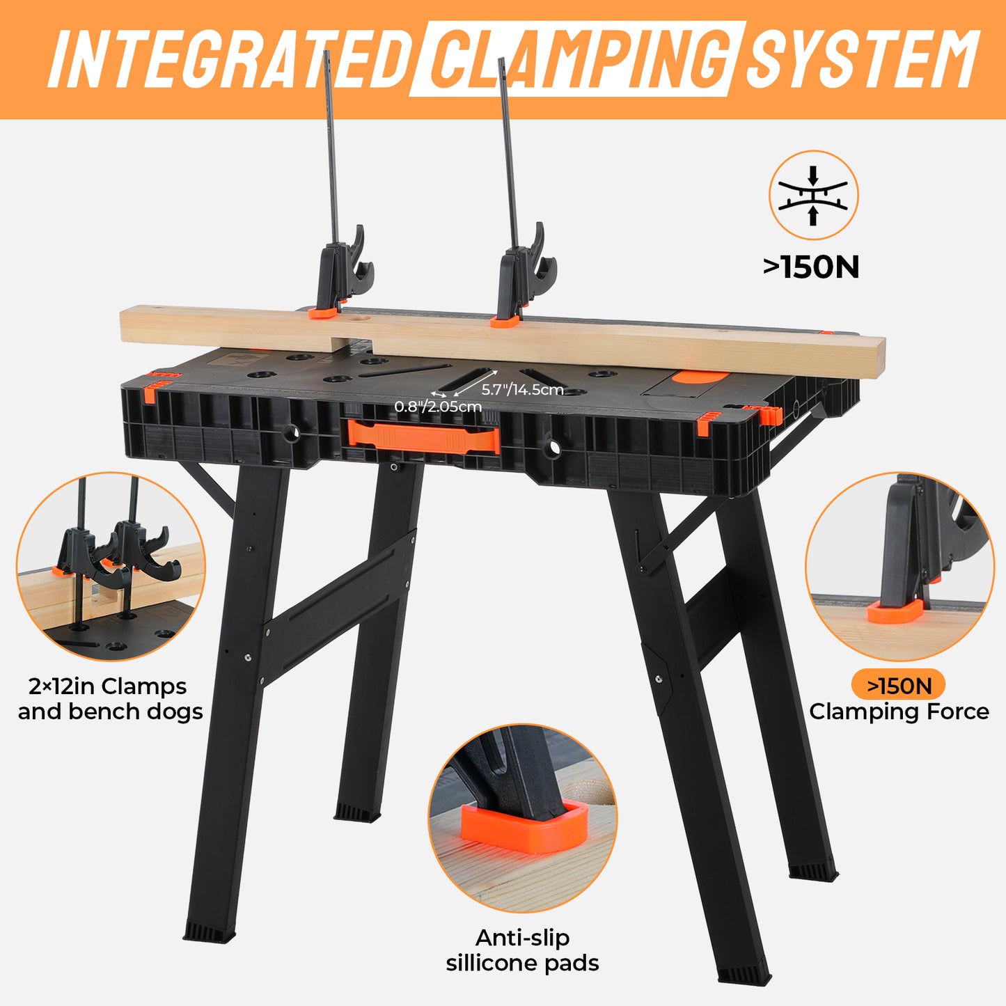 TLGREEN Folding Work Table, Express Portable Work Bench, 33.9" W x 22.4" D x 31.5" H Lightweight Workbench with 2 Clamps, 2 Clamp Dogs, Power Strip, for Garage,Table Saw,Home,DIY Projects,330lbs