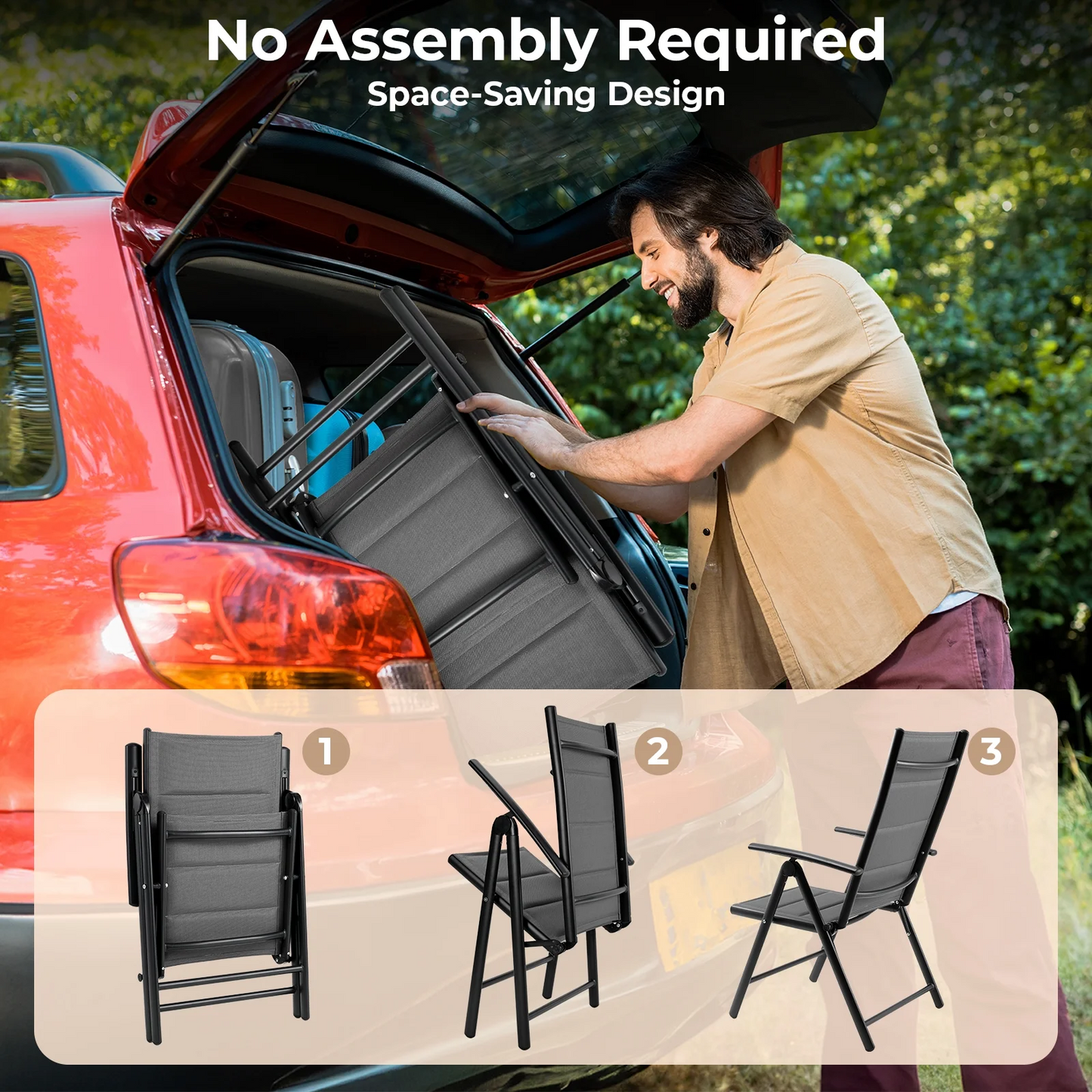 TLGREEN Outdoor Folding Chairs Set (2-Pack) ，Patio Chairs with Foam-Padded Textilene Fabric & Lightweight Aluminum Frame, 7-Position Adjustable Back（Gray)