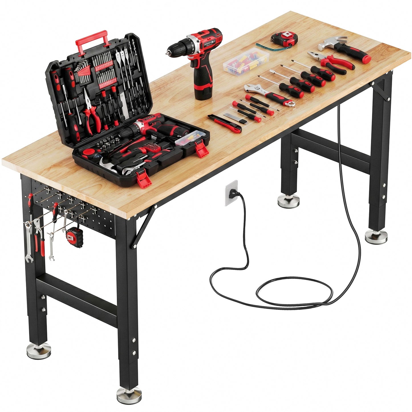 TLGREEN 48" x 20" Heavy Duty Workbench, 2000 LBS Capacity, 31.5-39.5 in Adjustable Work Bench with Power Outlet & Pegboard for Garage