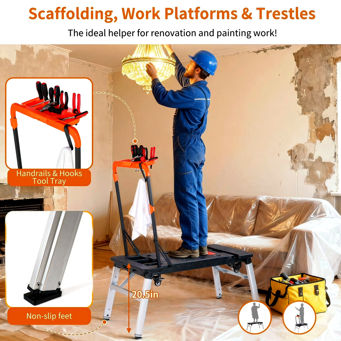 Versatile Folding Work Table: 7 Functions in One – Portable Workbench, Sawhorse, Scaffold, Platform, Car Creeper, Dolly, and Hand Truck with 4 Wheels