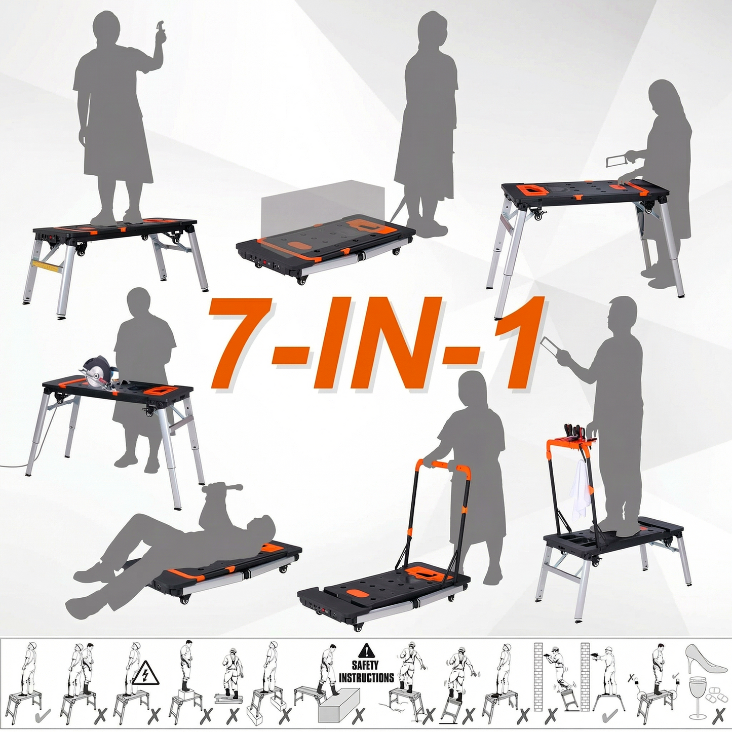 Versatile Folding Work Table: 7 Functions in One – Portable Workbench, Sawhorse, Scaffold, Platform, Car Creeper, Dolly, and Hand Truck with 4 Wheels