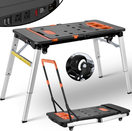 Versatile Folding Work Table: 7 Functions in One – Portable Workbench, Sawhorse, Scaffold, Platform, Car Creeper, Dolly, and Hand Truck with 4 Wheels