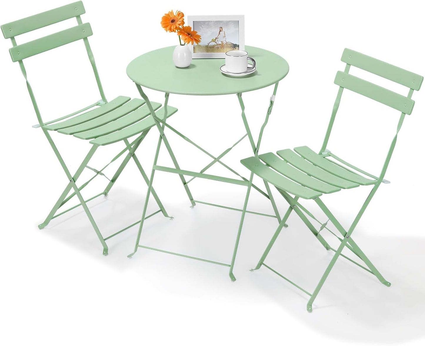 TLGREEN 3-Piece Folding Bistro Set, Outdoor Patio Furniture Set, Bistro table and chairs set of 2, for Patio, Garden, Balcony (Green)