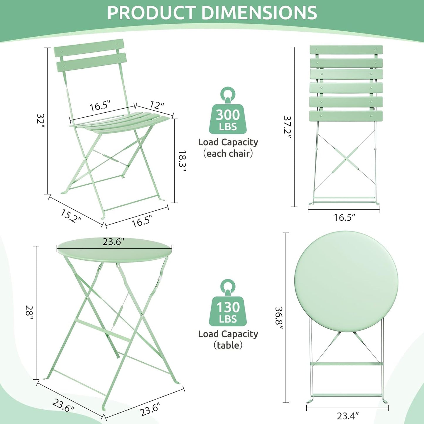 TLGREEN 3-Piece Folding Bistro Set, Outdoor Patio Furniture Set, Bistro table and chairs set of 2, for Patio, Garden, Balcony (Green)