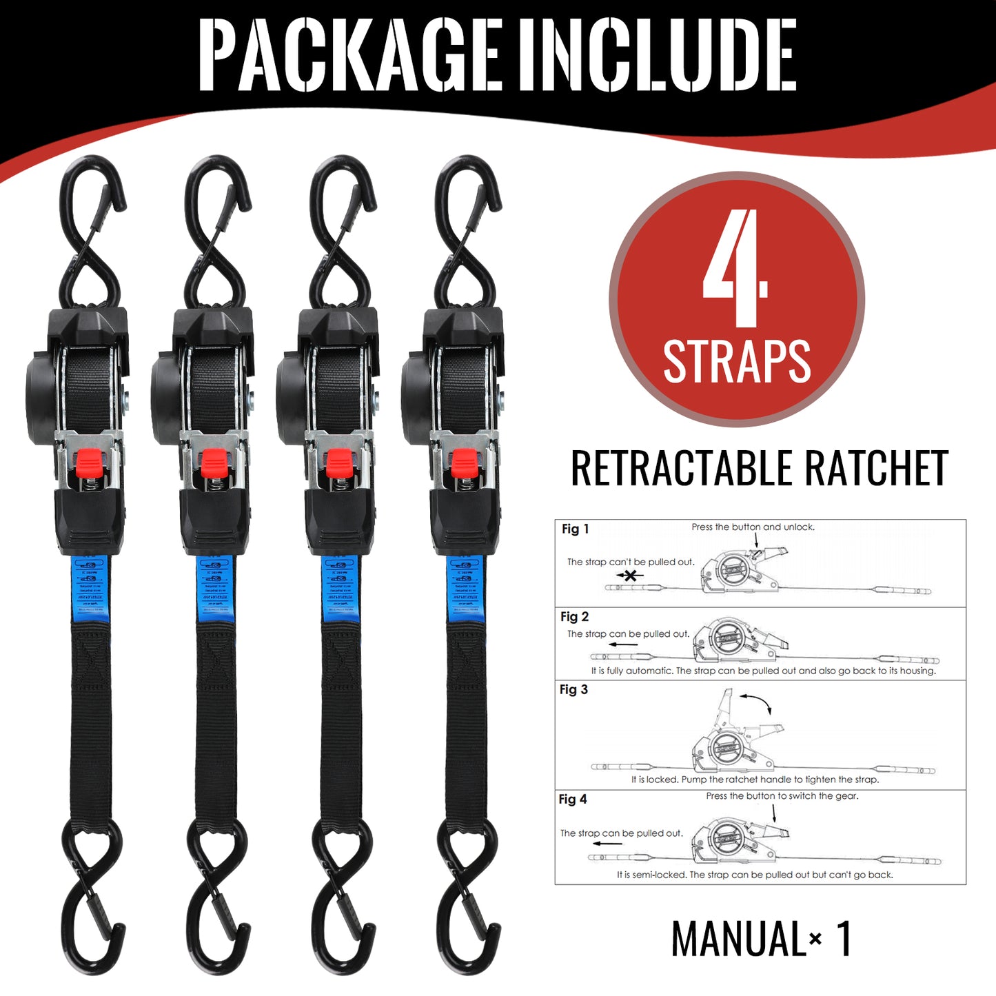 TLGREEN Retractable Ratchet Straps, 4Pack,1” x 10’ 1650lb Break Strength Heavy Duty Auto Self Retracting Tie Down Straps for Truck, Cargo, Motorcycle, ATV, UTV,Boat