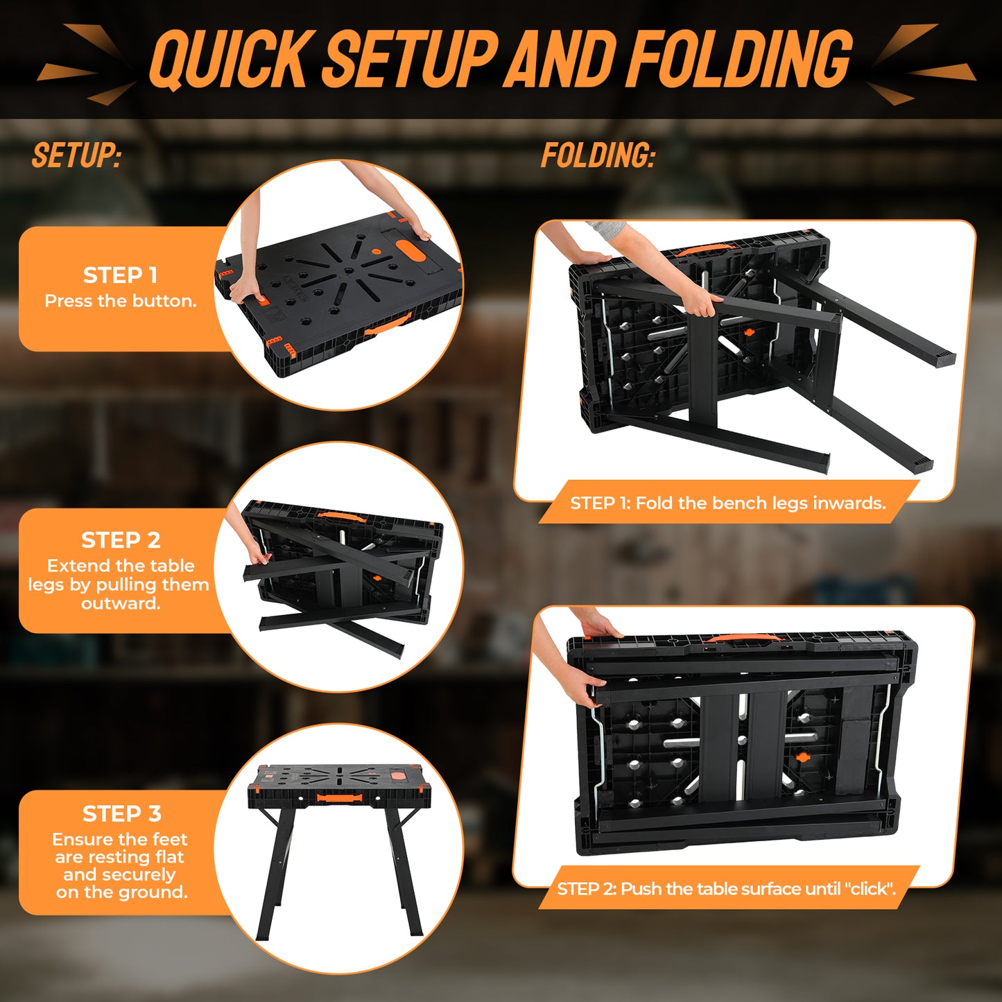 TLGREEN Folding Work Table, Express Portable Work Bench, 33.9" W x 22.4" D x 31.5" H Lightweight Workbench with 2 Clamps, 2 Clamp Dogs, Power Strip, for Garage,Table Saw,Home,DIY Projects,330lbs