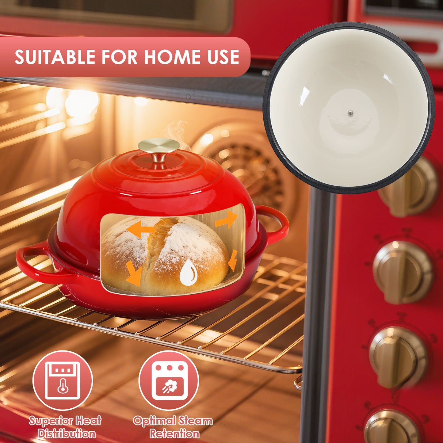 TLGREEN 6qt Enameled Cast Iron Dutch Oven for Bread Baking, Non-Stick Dome-Shaped Bread Oven Pot with Lid, Silicone Handles and Scraper, Red