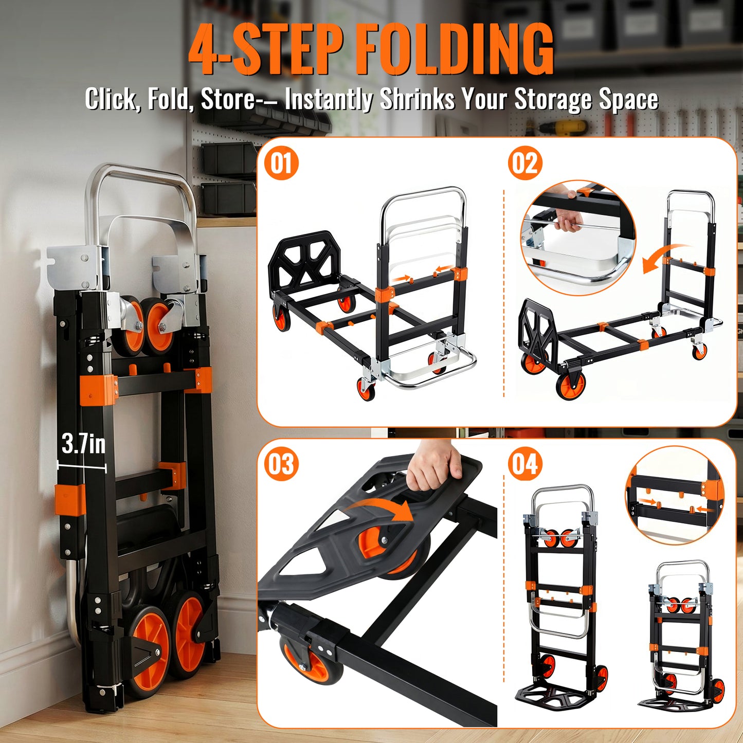 TLGREEN 3 in 1 Folding Hand Truck, 600lb Capacity Convertible Hand Truck Dolly with Silent Swivel Wheels, Heavy Duty Foldable Hand Cart for Moving Households, Shopping Mall, Office, Outdoor Tasks