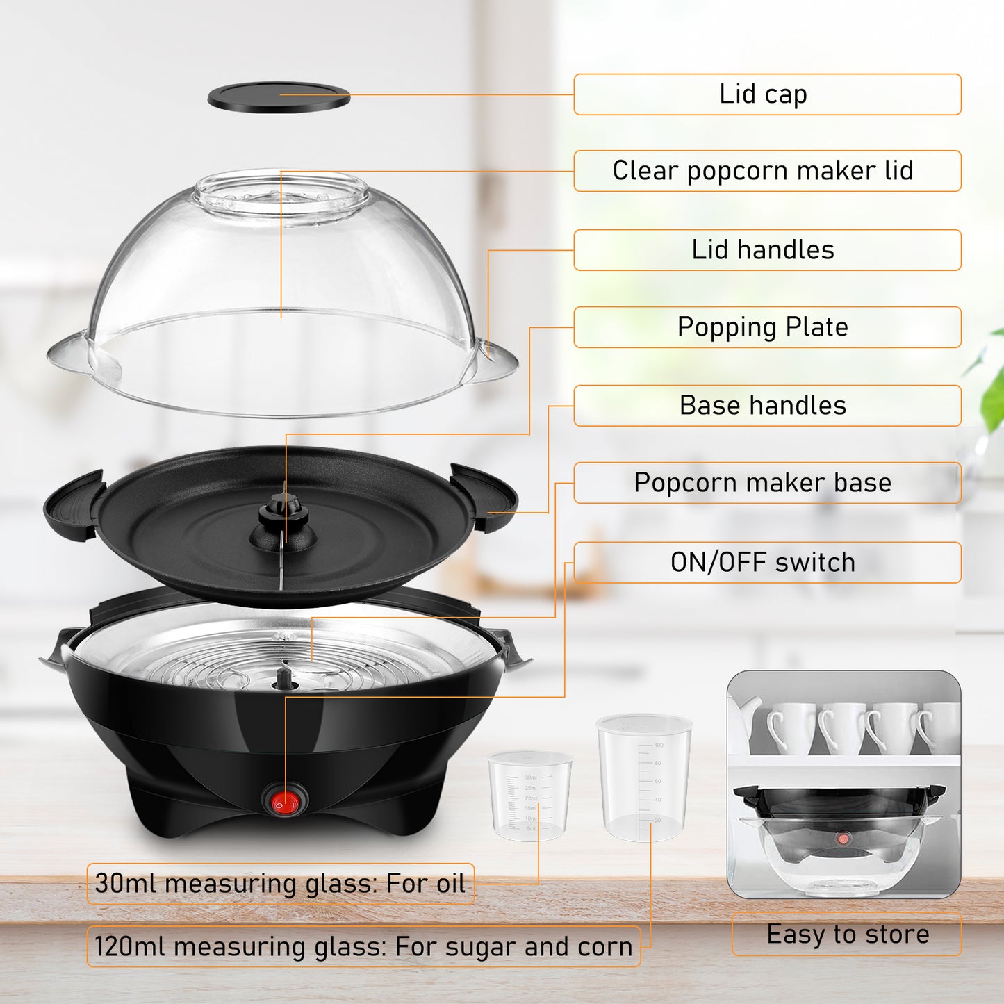 TLGREEN 6 Quart Popcorn Machine, Electric Hot Oil Popcorn Maker Machine, with Nonstick Plate & Stirring Rod, Large Lid for Serving Bowl. (Black)