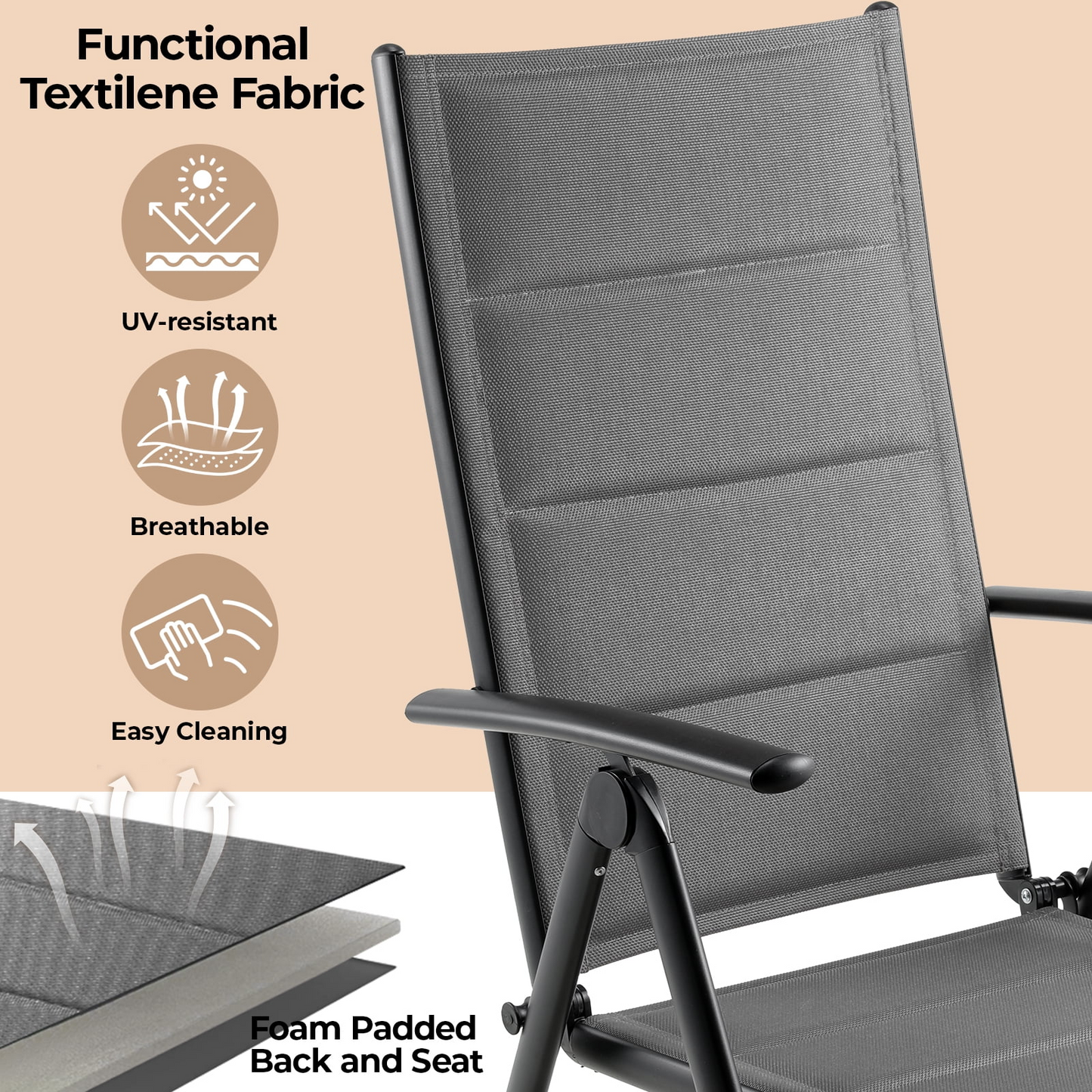 TLGREEN Outdoor Folding Chairs Set (2-Pack) ，Patio Chairs with Foam-Padded Textilene Fabric & Lightweight Aluminum Frame, 7-Position Adjustable Back（Gray)