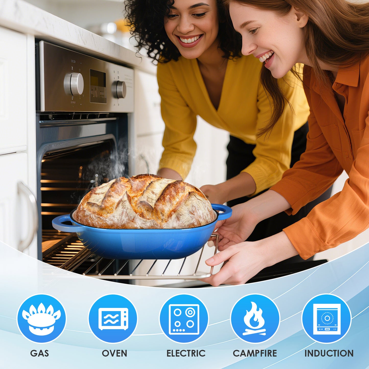 TLGREEN 2.5qt Enameled Cast Iron Dutch Oven for Bread Baking, Oven Safe Dutch Oven Pot with Lid, Non-Stick Bread Oven Pot, Blue