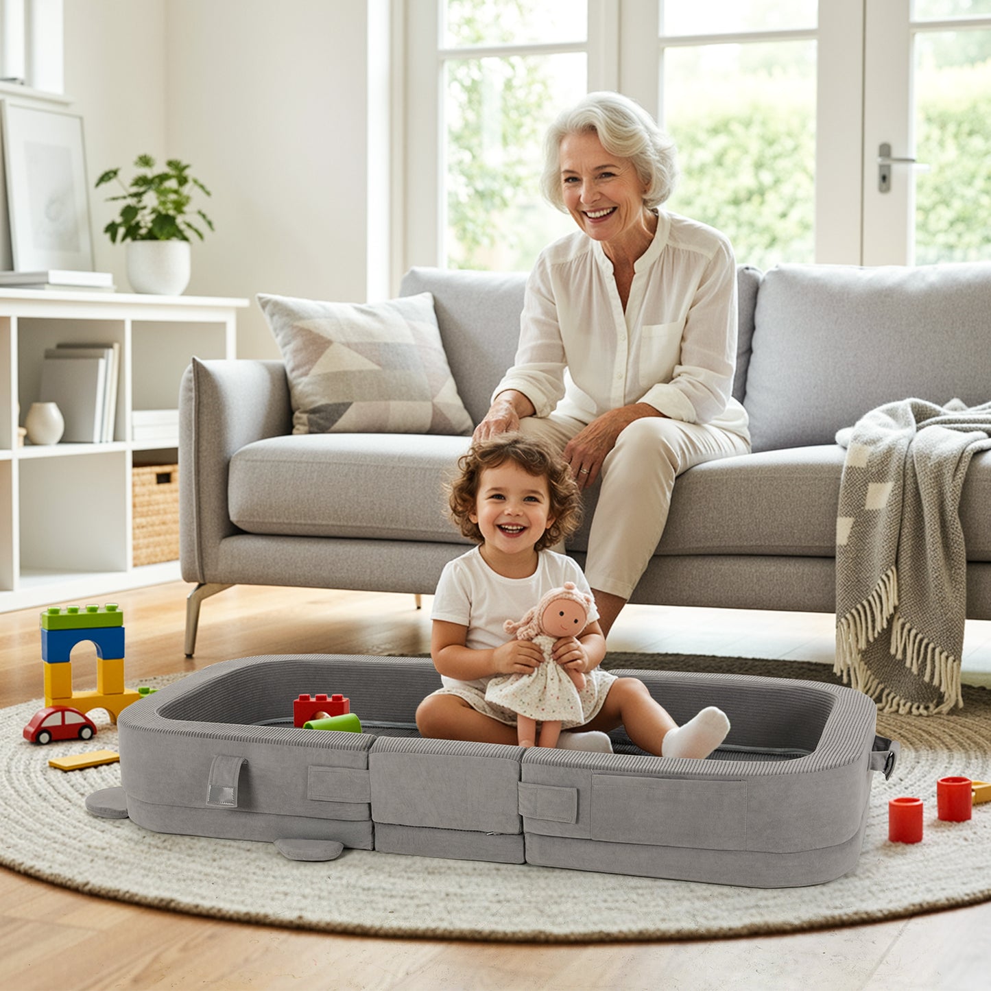 Foldable Toddler Travel Bed, Portable Toddler Floor Bed with Soft Foam for Baby and Kids Aged 1-4,with Washable Cover, Safety Rail, for Home,Hotel,Family Visits,Camping, Grey