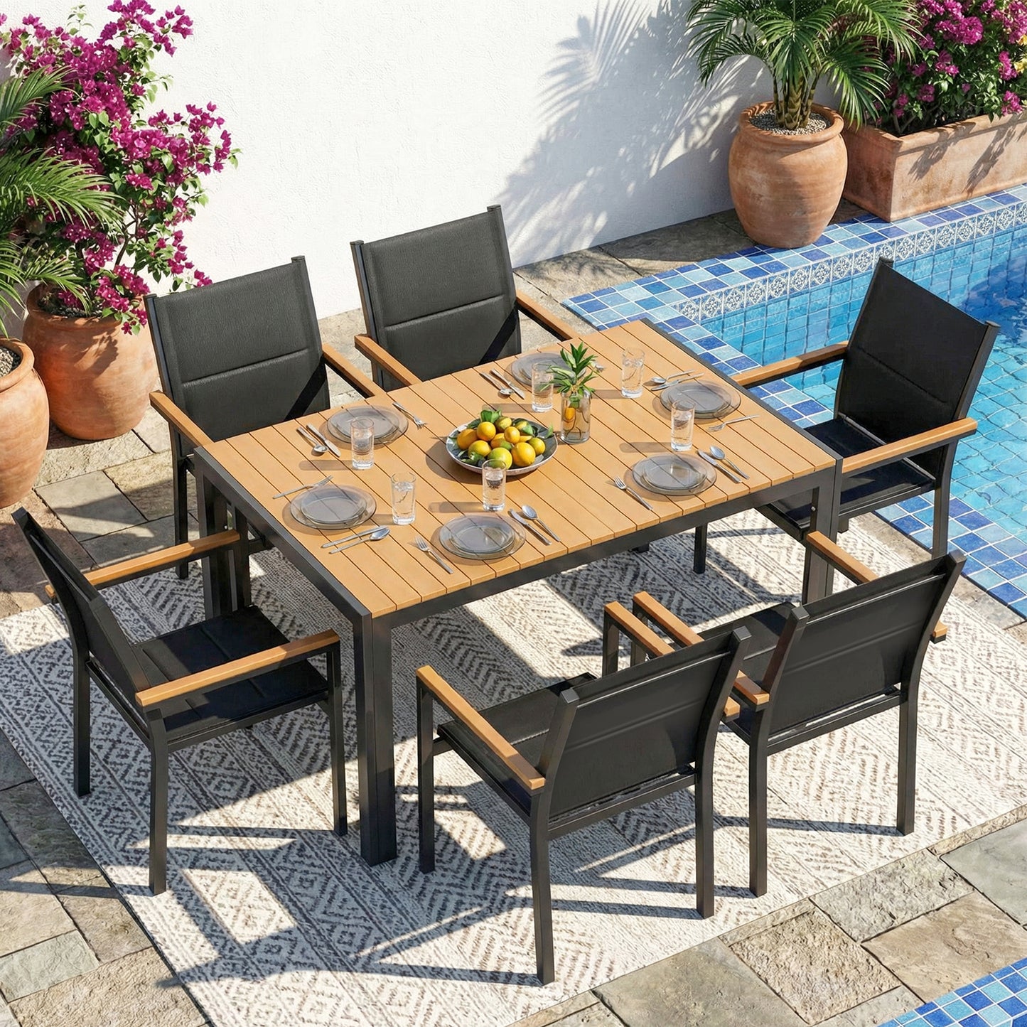 TLGREEN Patio Dinning Chairs Set of 2, Stackable Aluminum Chair with Quilted Textilene & WPC Handrail, All Weather Outdoor Chair for Patio, Balcony, Poolside & Restaurants, Black