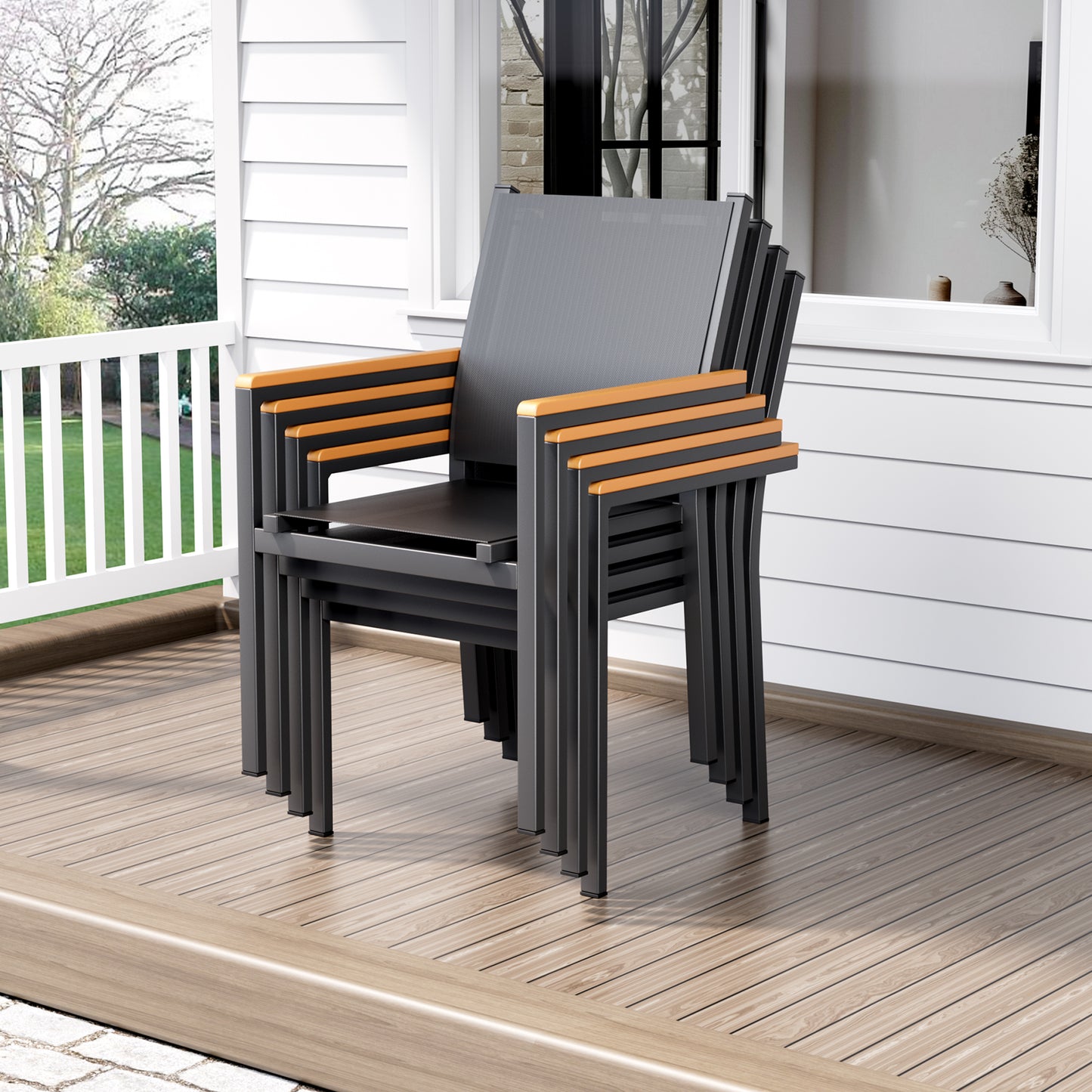 TLGREEN Patio Dining Chairs Set of 2, Stackable Aluminum Chair with Textilene Fabric & WPC Handrail, All Weather Outdoor Chair for Balcony, Poolside, Terrace & Restaurants, Black