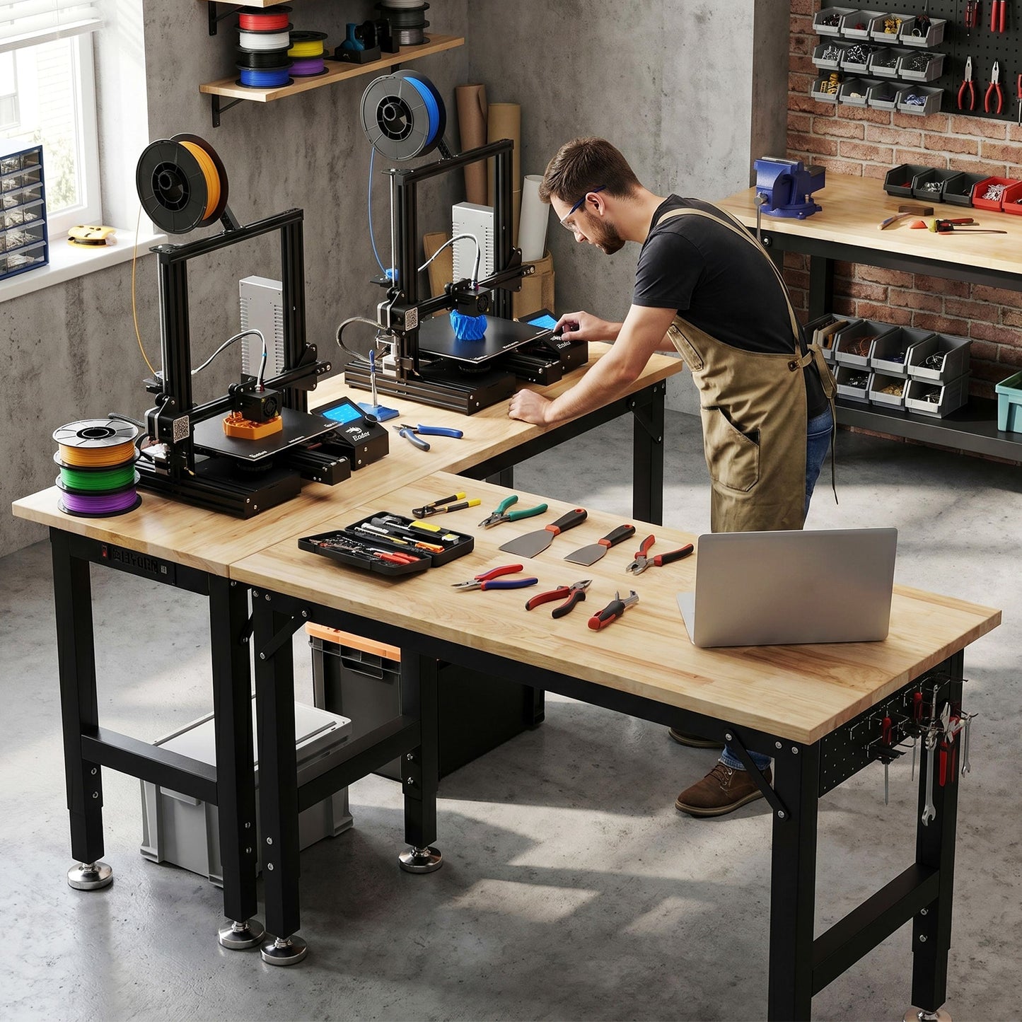 TLGREEN 60" x 22" Heavy Duty Workbench, 2000 LBS Capacity, 31.5-39.5 in Adjustable Work Bench with Power Outlet & Pegboard for Garage