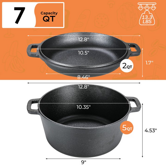TLGREEN 2 in 1 Cast Iron Dutch Oven Pot, Pre-Seasoned Pot (5.1QT) and Skillet as a Lid (1.9QT) , for Oven, Stove, Grill, Campfire