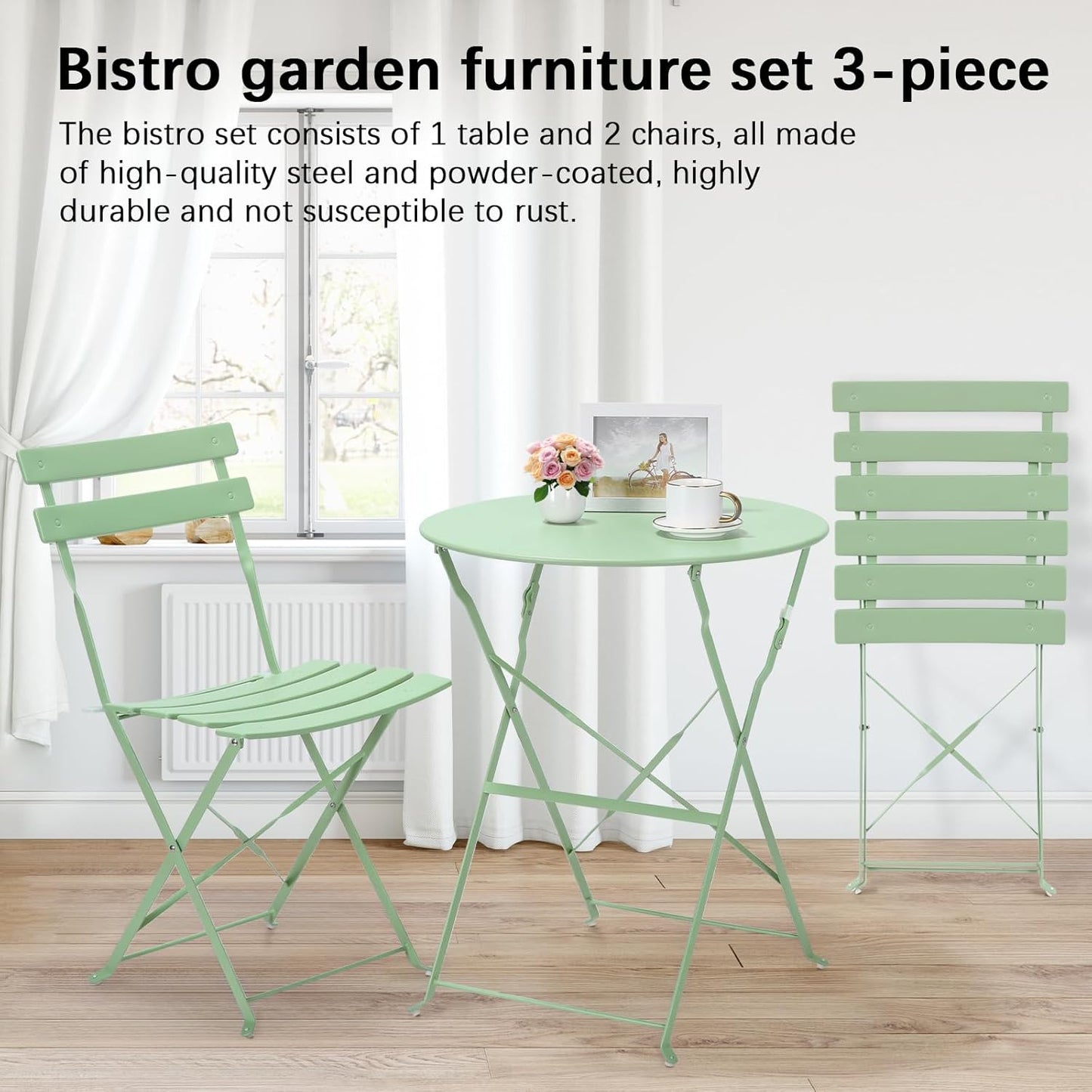 TLGREEN 3-Piece Folding Bistro Set, Outdoor Patio Furniture Set, Bistro table and chairs set of 2, for Patio, Garden, Balcony (Green)