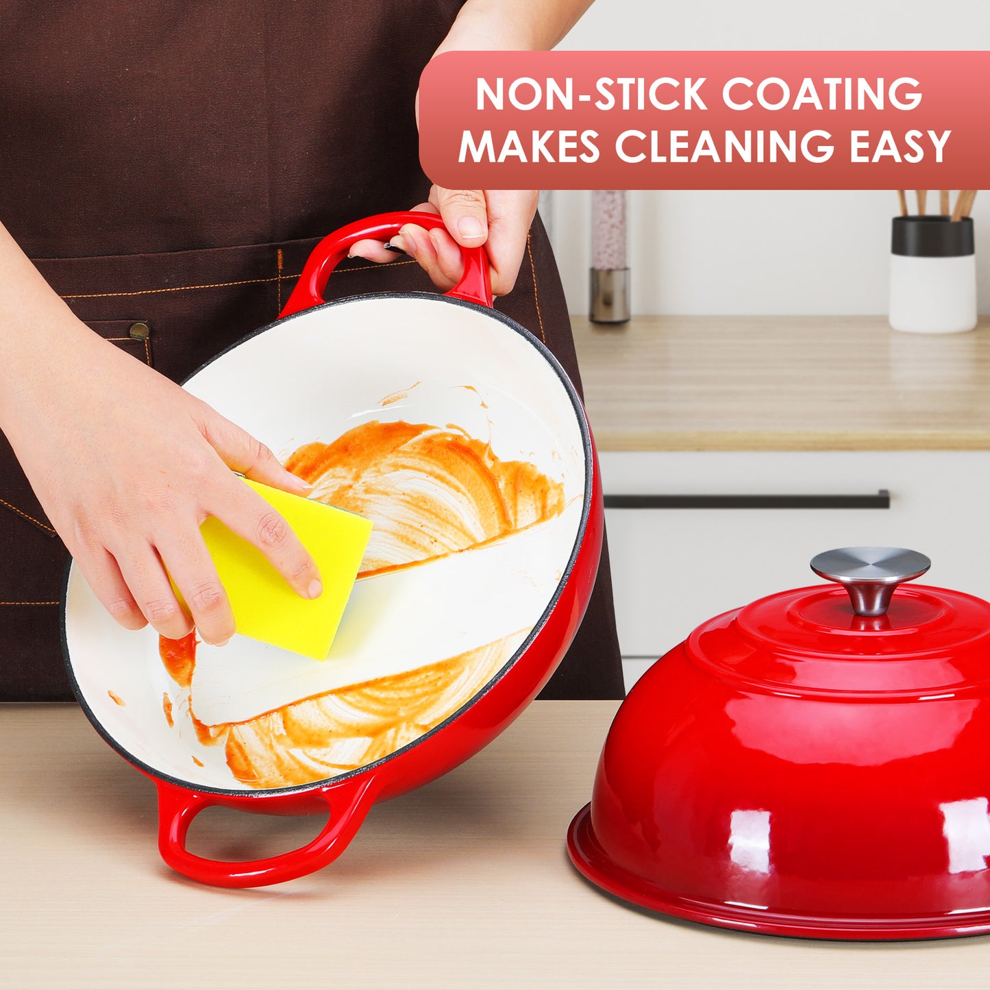 TLGREEN 6qt Enameled Cast Iron Dutch Oven for Bread Baking, Non-Stick Dome-Shaped Bread Oven Pot with Lid, Silicone Handles and Scraper, Red