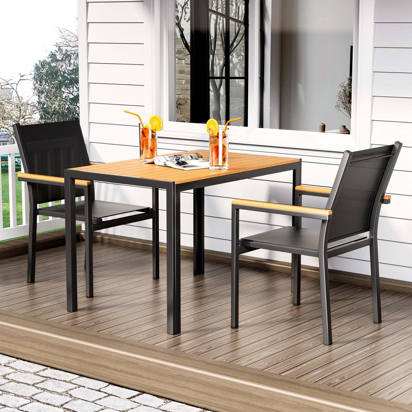 TLGREEN Patio Dining Chairs Set of 2, Stackable Aluminum Chair with Textilene Fabric & WPC Handrail, All Weather Outdoor Chair for Balcony, Poolside, Terrace & Restaurants, Black