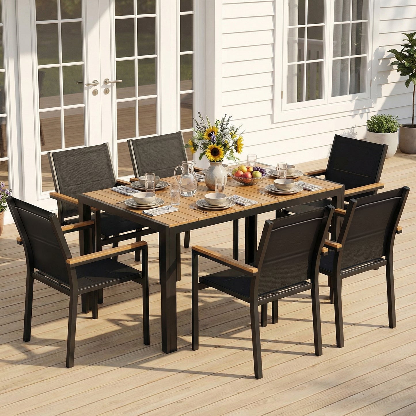 TLGREEN Patio Dinning Chairs Set of 2, Stackable Aluminum Chair with Quilted Textilene & WPC Handrail, All Weather Outdoor Chair for Patio, Balcony, Poolside & Restaurants, Black