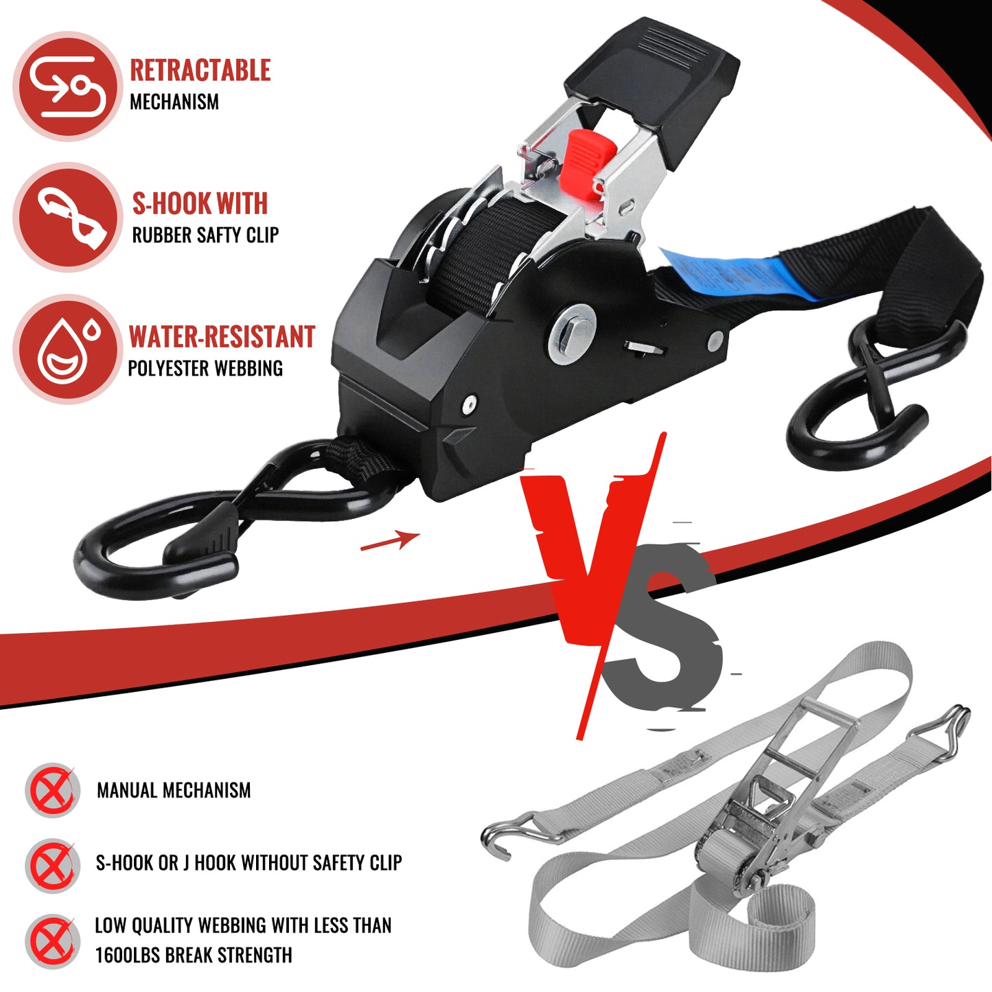 TLGREEN Retractable Ratchet Straps, 4Pack,1” x 10’ 1650lb Break Strength Heavy Duty Auto Self Retracting Tie Down Straps for Truck, Cargo, Motorcycle, ATV, UTV,Boat