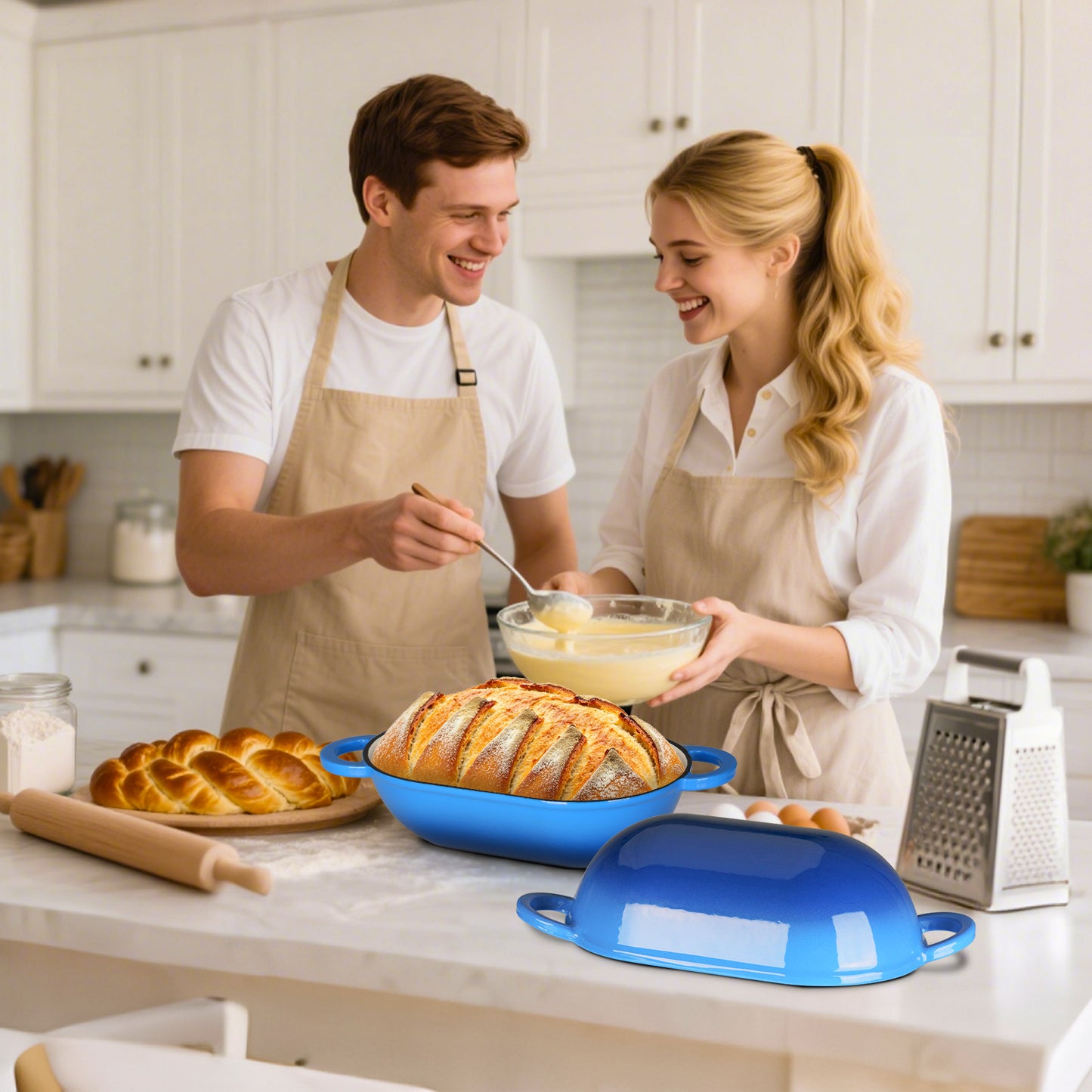 TLGREEN 2.5qt Enameled Cast Iron Dutch Oven for Bread Baking, Oven Safe Dutch Oven Pot with Lid, Non-Stick Bread Oven Pot, Blue
