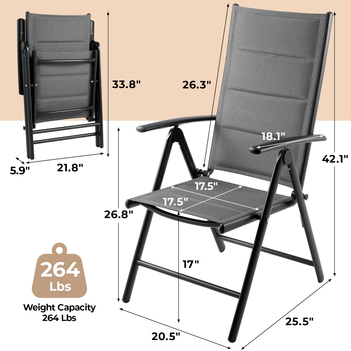 TLGREEN Outdoor Folding Chairs Set (2-Pack) ，Patio Chairs with Foam-Padded Textilene Fabric & Lightweight Aluminum Frame, 7-Position Adjustable Back（Gray)