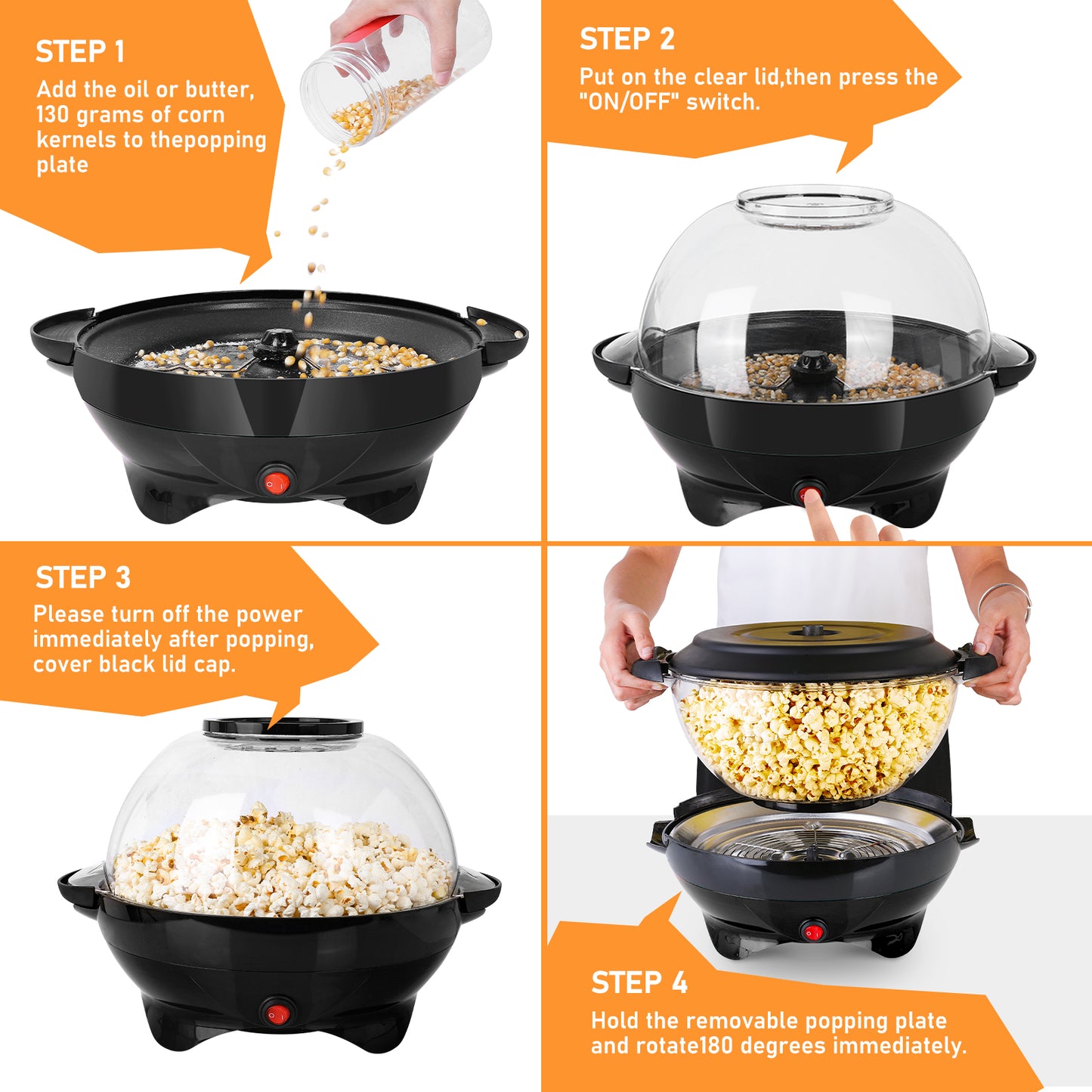 TLGREEN 6 Quart Popcorn Machine, Electric Hot Oil Popcorn Maker Machine, with Nonstick Plate & Stirring Rod, Large Lid for Serving Bowl. (Black)
